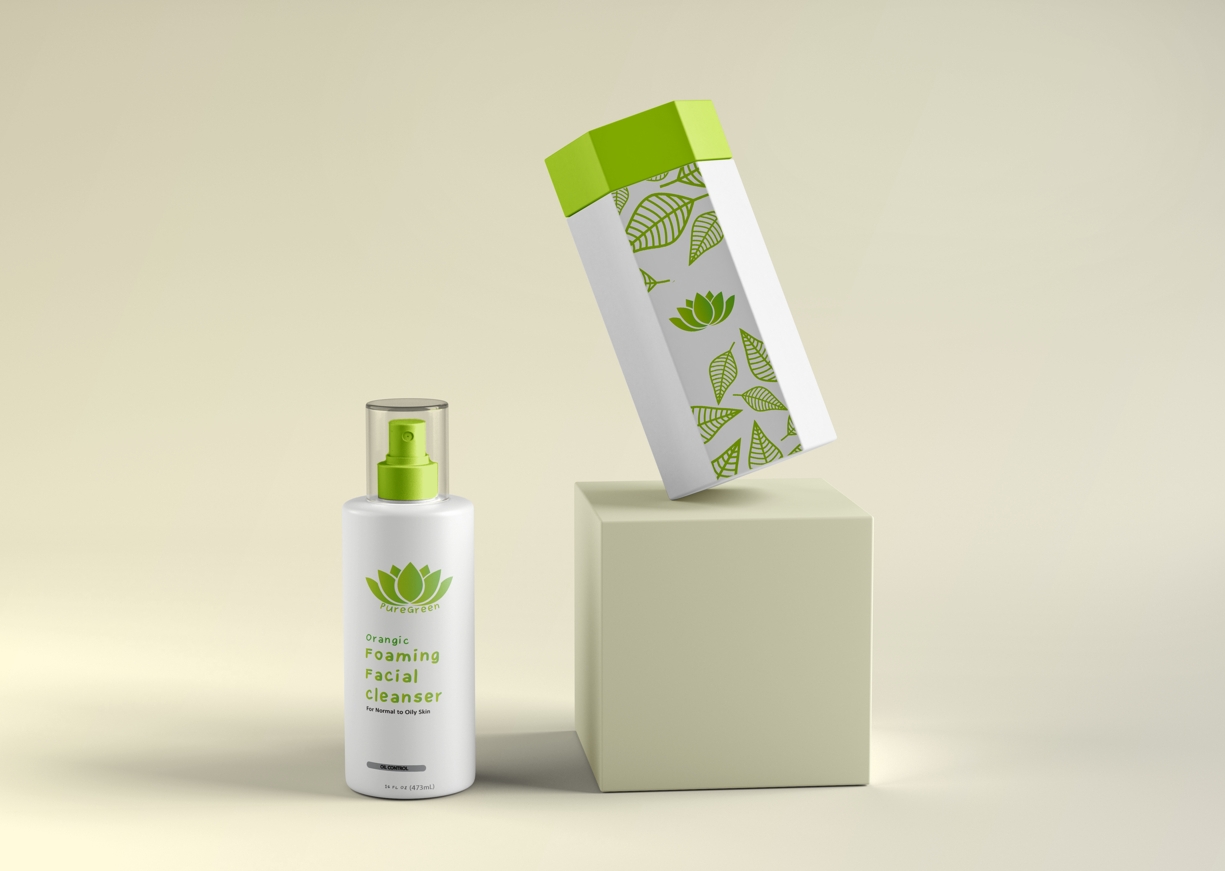 A white bottle of organic foaming facial cleanser with a green cap and logo, positioned on a pastel yellow surface, with a white box featuring green leaf illustrations leaning on it next to a light-colored cube.