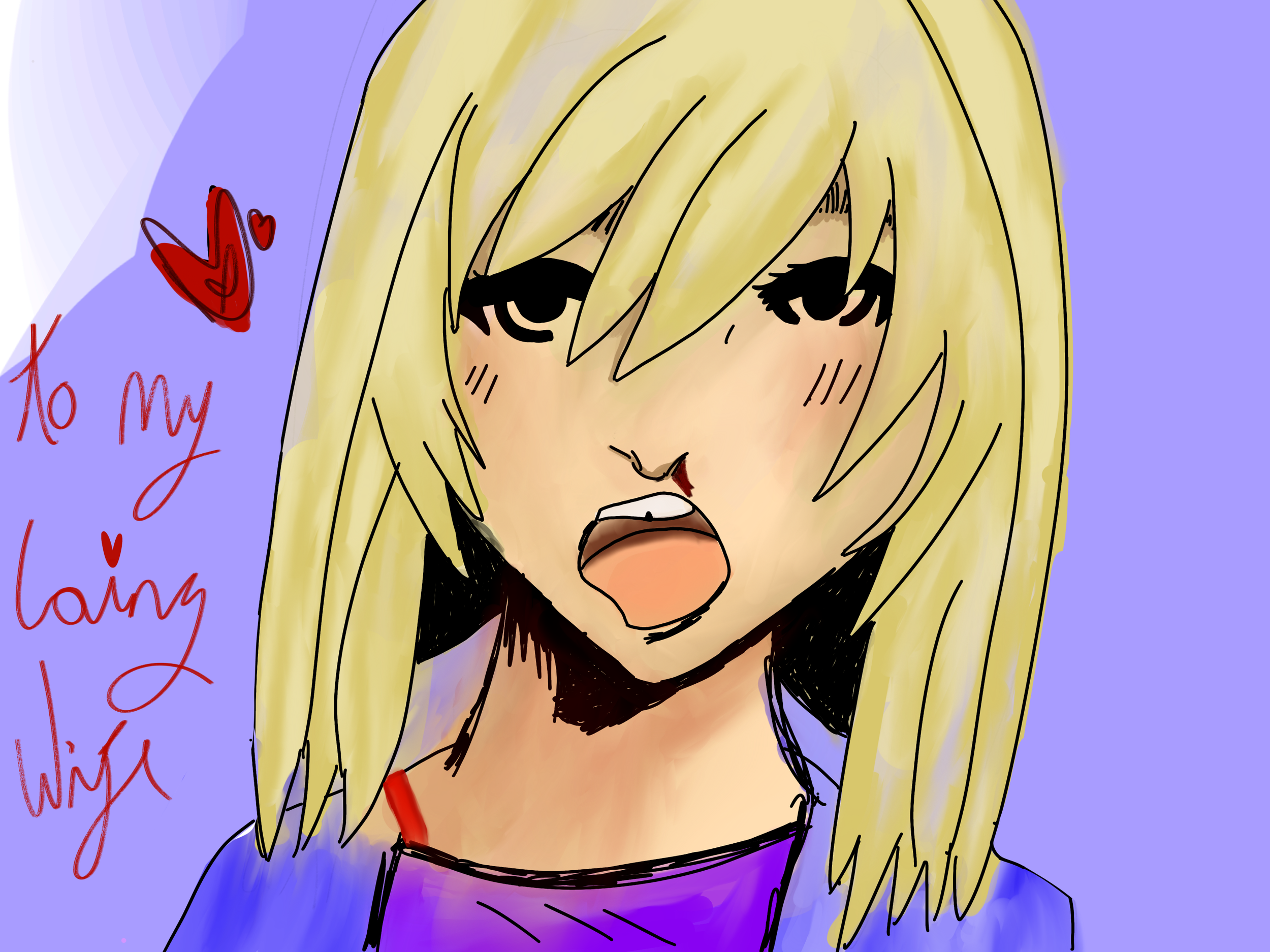 Drawing of a woman with long blonde hair, dark eyes, and an open mouth, with a purple background and red handwritten text to the left.