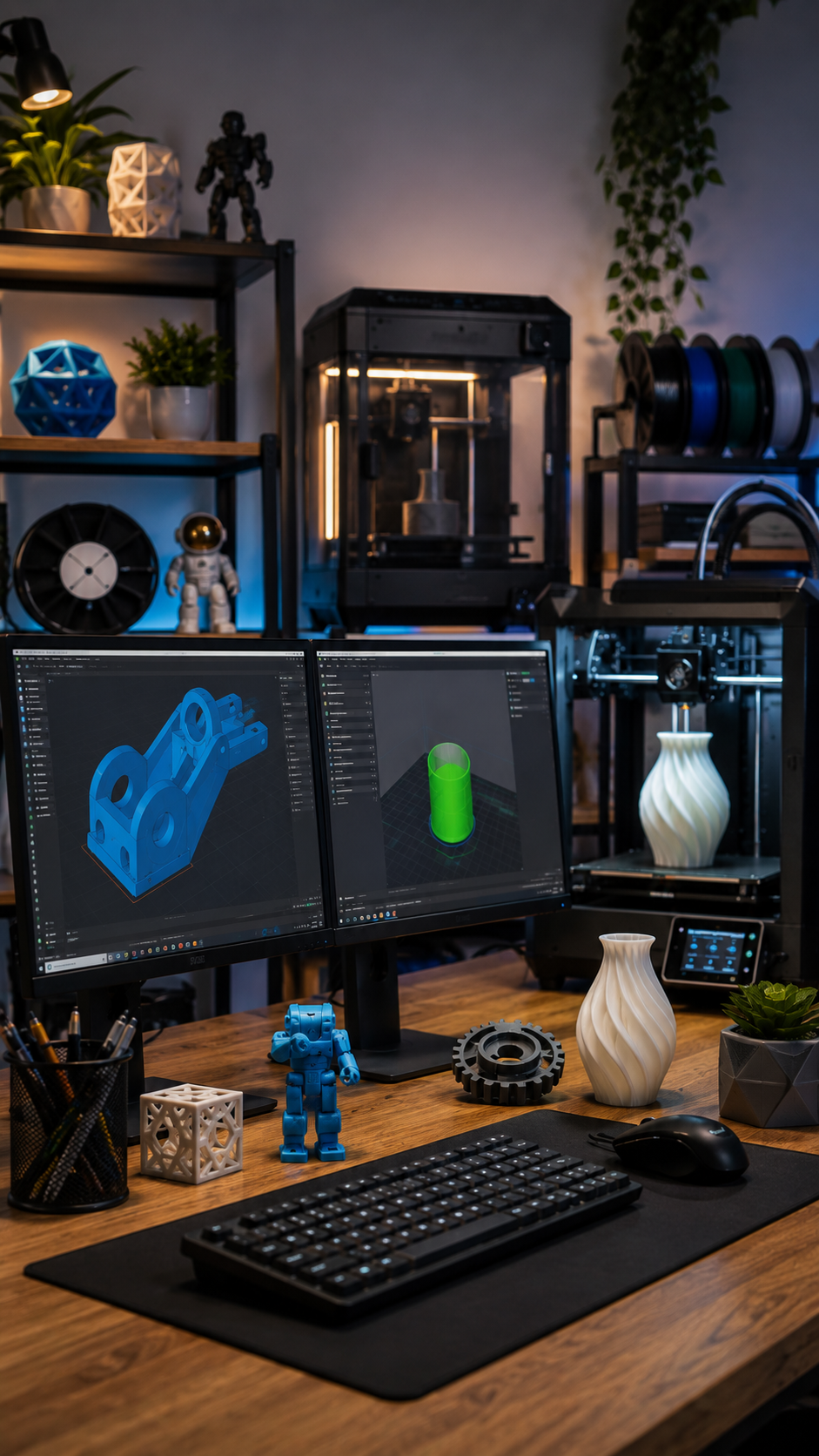 A computer workstation with two monitors displaying 3D modeling software, a mechanical keyboard, mouse, and a 3D printer in the background creating a white vase.