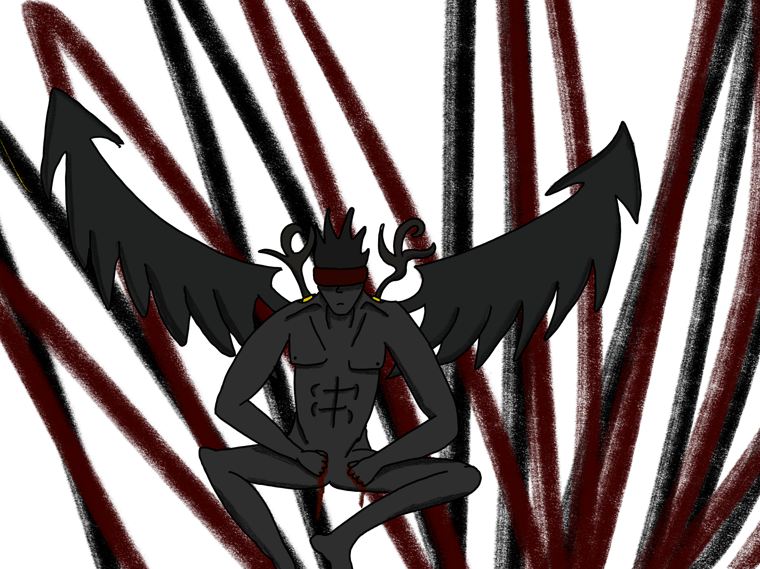 A digital drawing of Hellboy with large black wings and a dark aura, set against a background of red and black diagonal stripes, with the word "LOVE" written near the top.