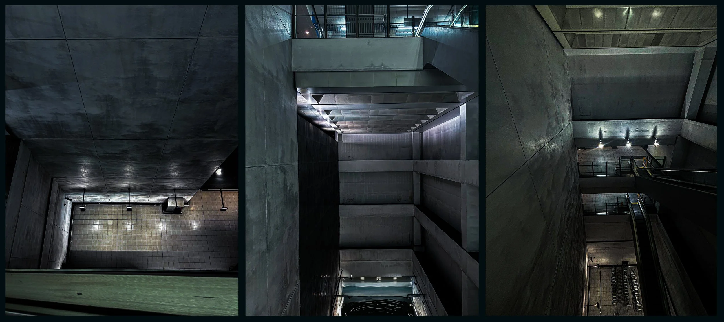 Three views of an indoor concrete staircase area in a modern building, with steel railings and modern lighting.