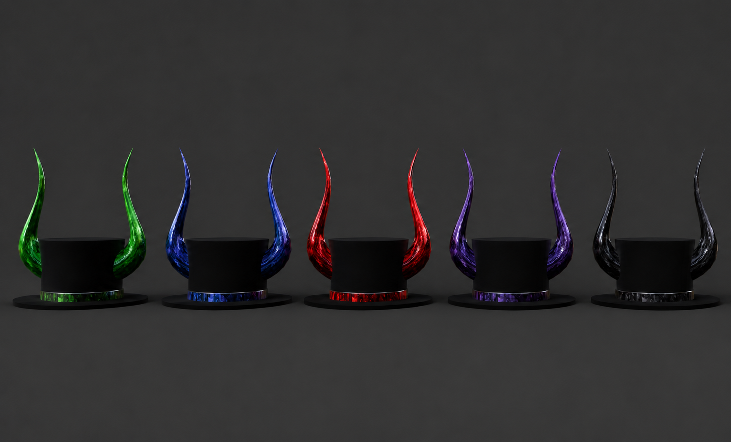 Six black hats with colorful, curved, decorative horns in green, blue, red, purple, and black, arranged in a row against a dark background.