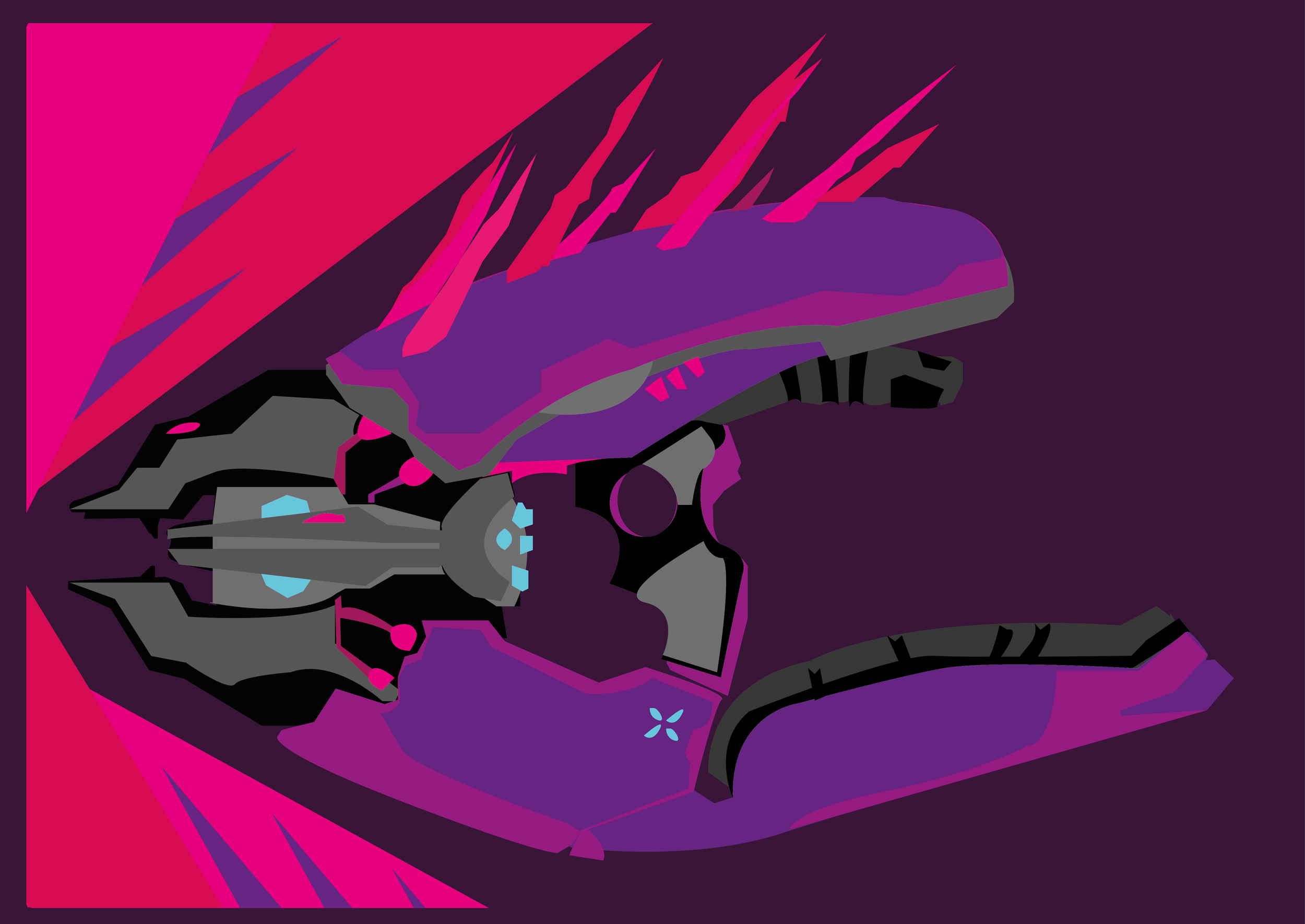 Abstract digital illustration with angular shapes in pink, purple, gray, black, and blue tones.
