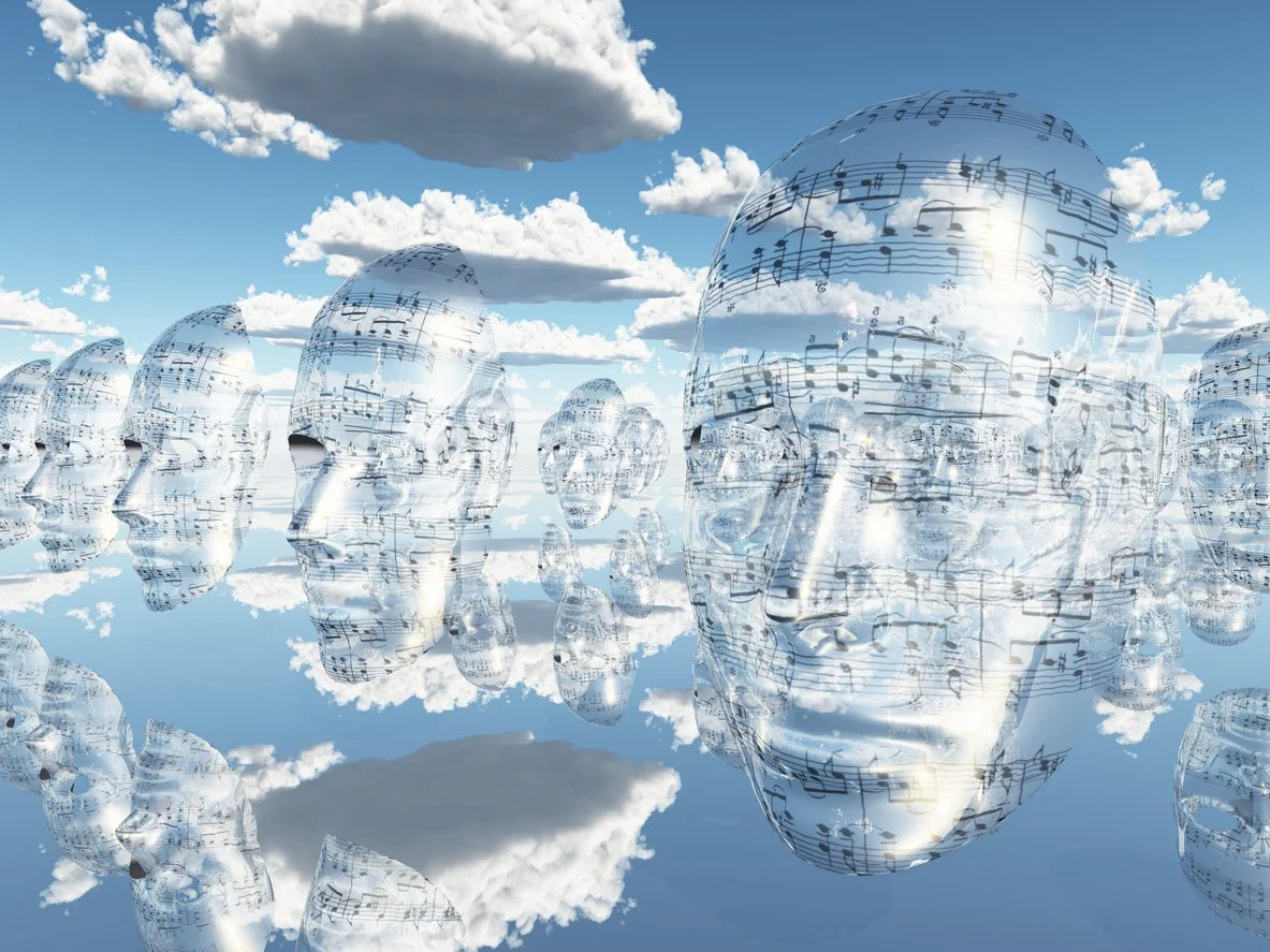 Floating cloned faces covered with musical notations