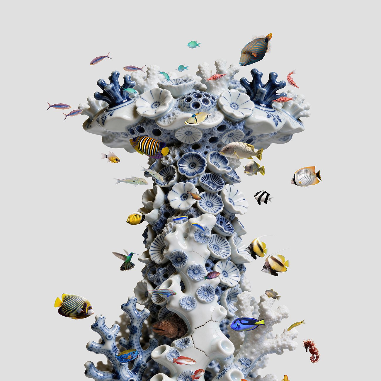 "Once, an Ocean" by Christi Carlo, a contemporary Delft Blue digital artwork depicting a surreal porcelain coral reef inspired by traditional blue-and-white Delftware.