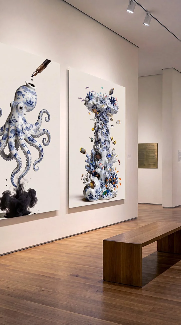 Christi Carlo digital artworks Inkfish and Once, an Ocean displayed in a contemporary exhibition space.