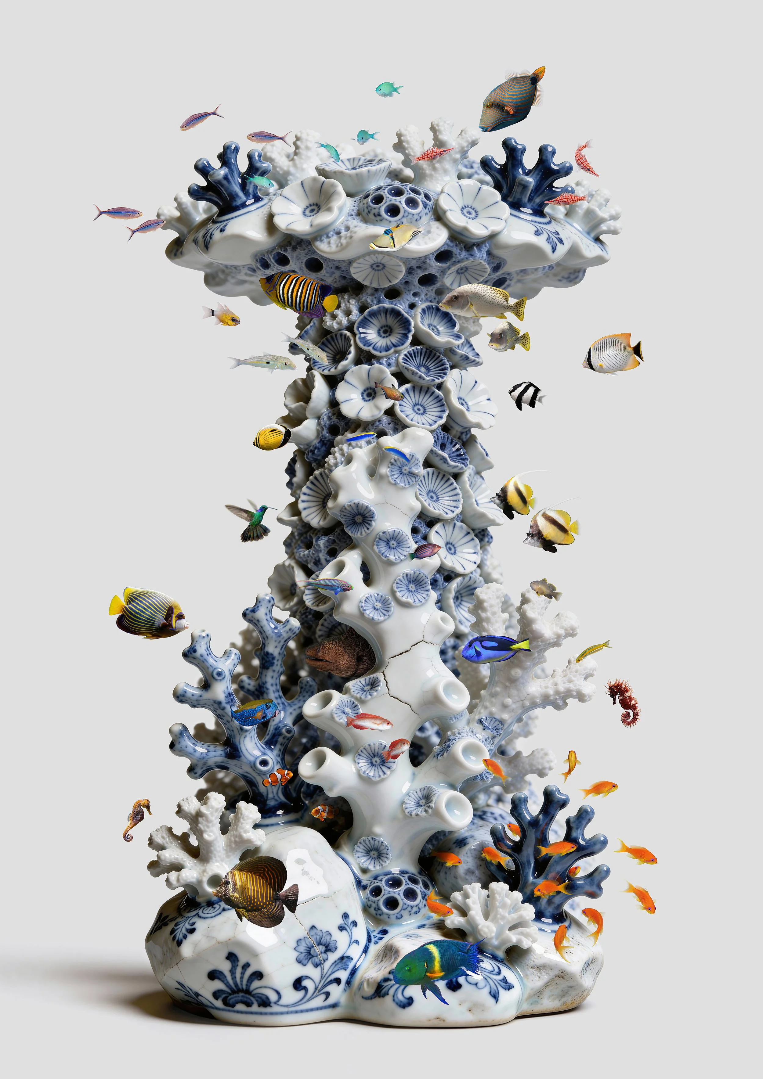 "Once, an Ocean" by Christi Carlo, a contemporary Delft Blue digital artwork depicting a surreal porcelain coral reef inspired by traditional blue-and-white Delftware.
