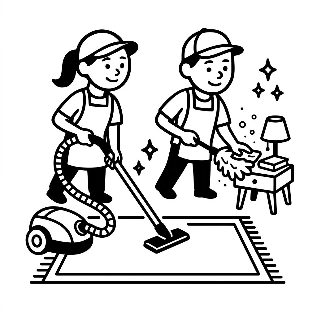 A woman vacuuming a rug and a man dusting a side table in a room, both wearing aprons and caps, with a lamp and books on the table.