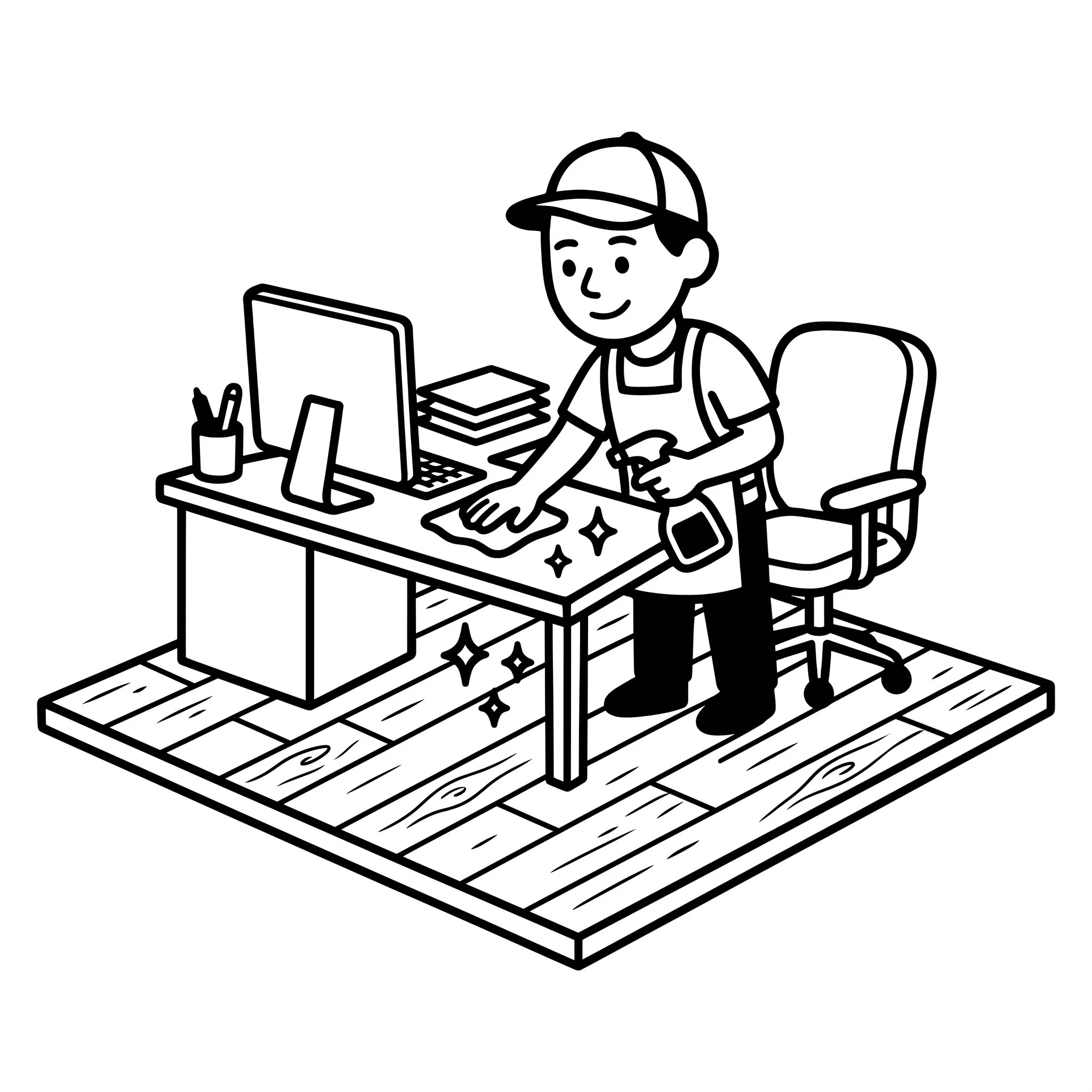 Black and white illustration of a clean, organized office desk. VP Cleaning Services provides professional commercial office cleaning and workspace sanitization.