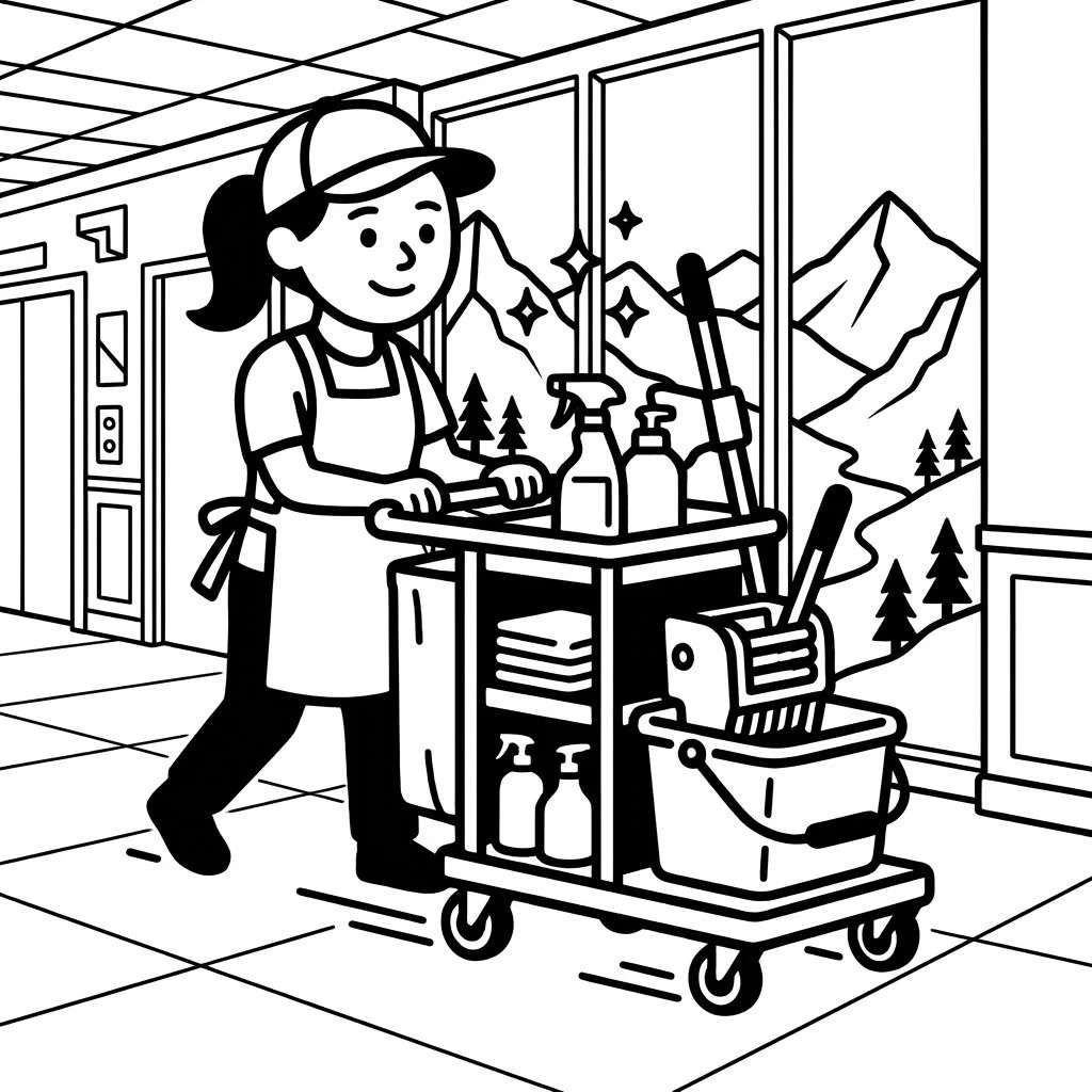 Illustration of a professional janitor with a fully stocked cleaning cart, representing expert janitorial services and commercial cleaning by VP Cleaning Services.