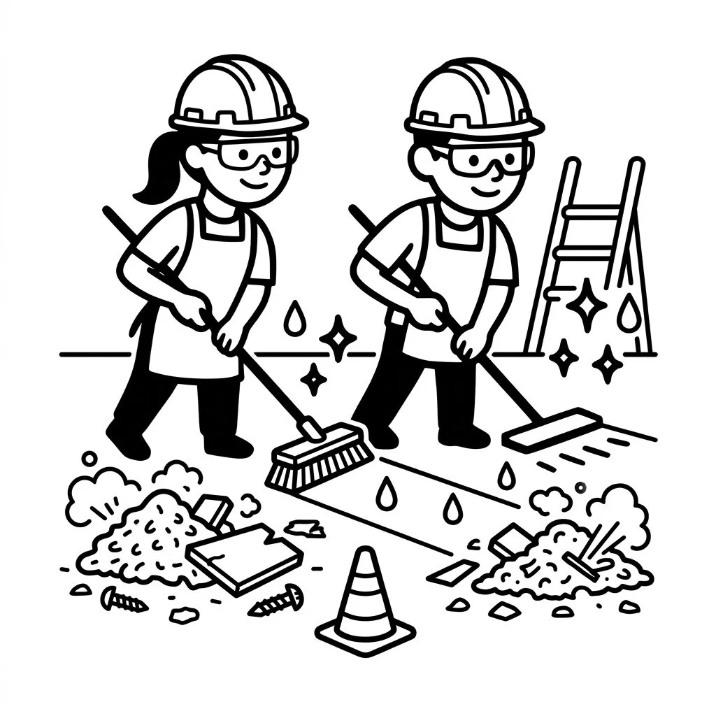 =Illustration of workers clearing heavy debris from a work site, highlighting post-construction cleanup and heavy-duty exterior cleaning by VP Cleaning Services.