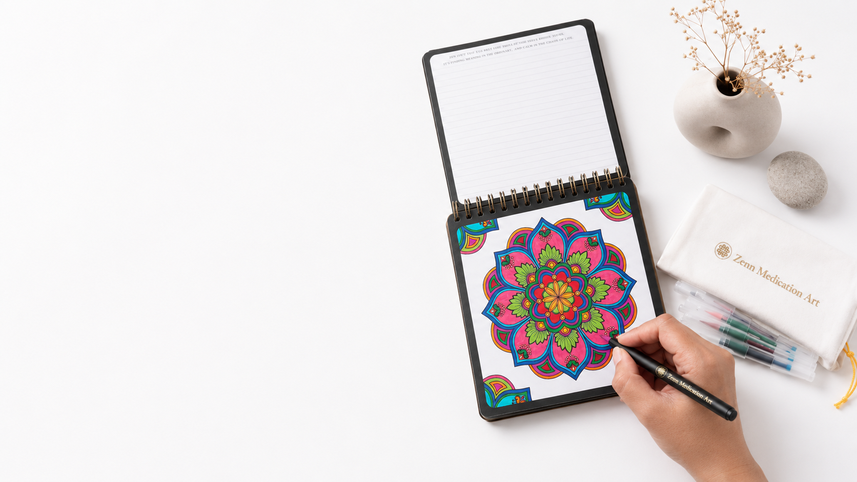 Colourful mandala design with Zenn journal and markers