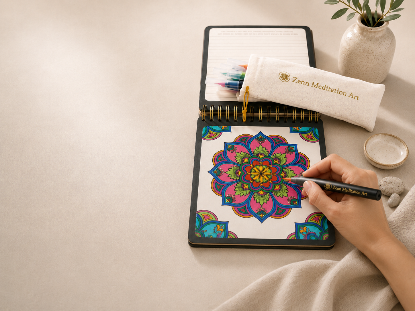 A quiet moment colouring a Zenn mandala journal