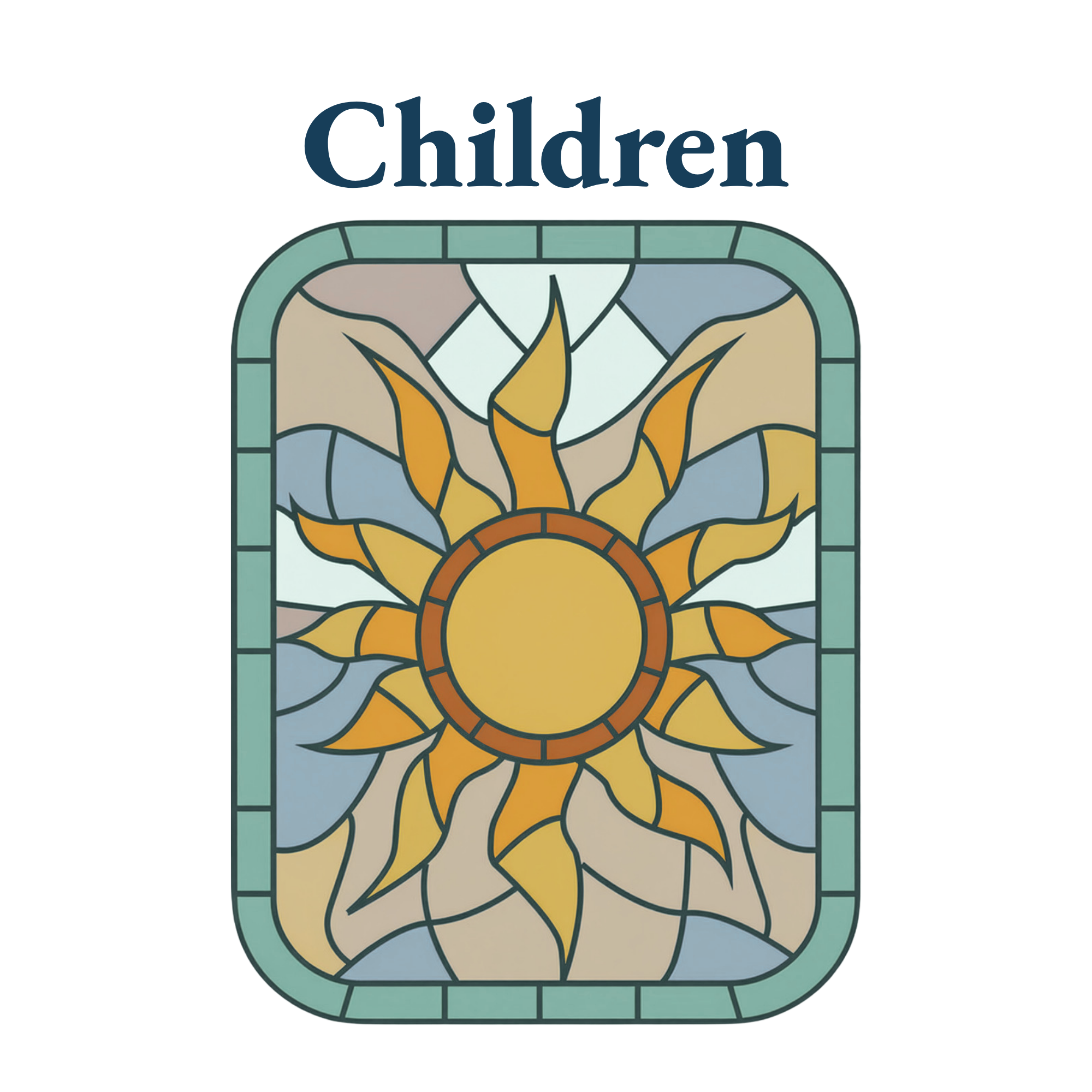 Stained glass window featuring a stylized sun with rays and a human figure inside a square border.