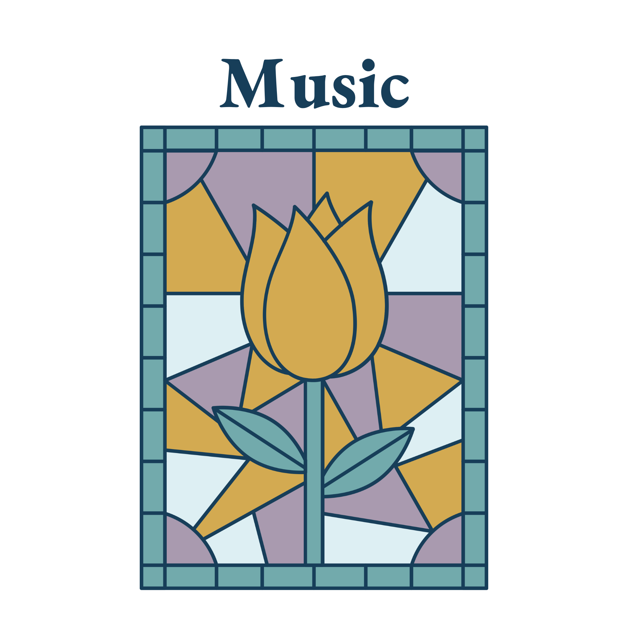 A colorful abstract stained glass design featuring geometric shapes and a flower motif in shades of yellow, purple, blue, and white.