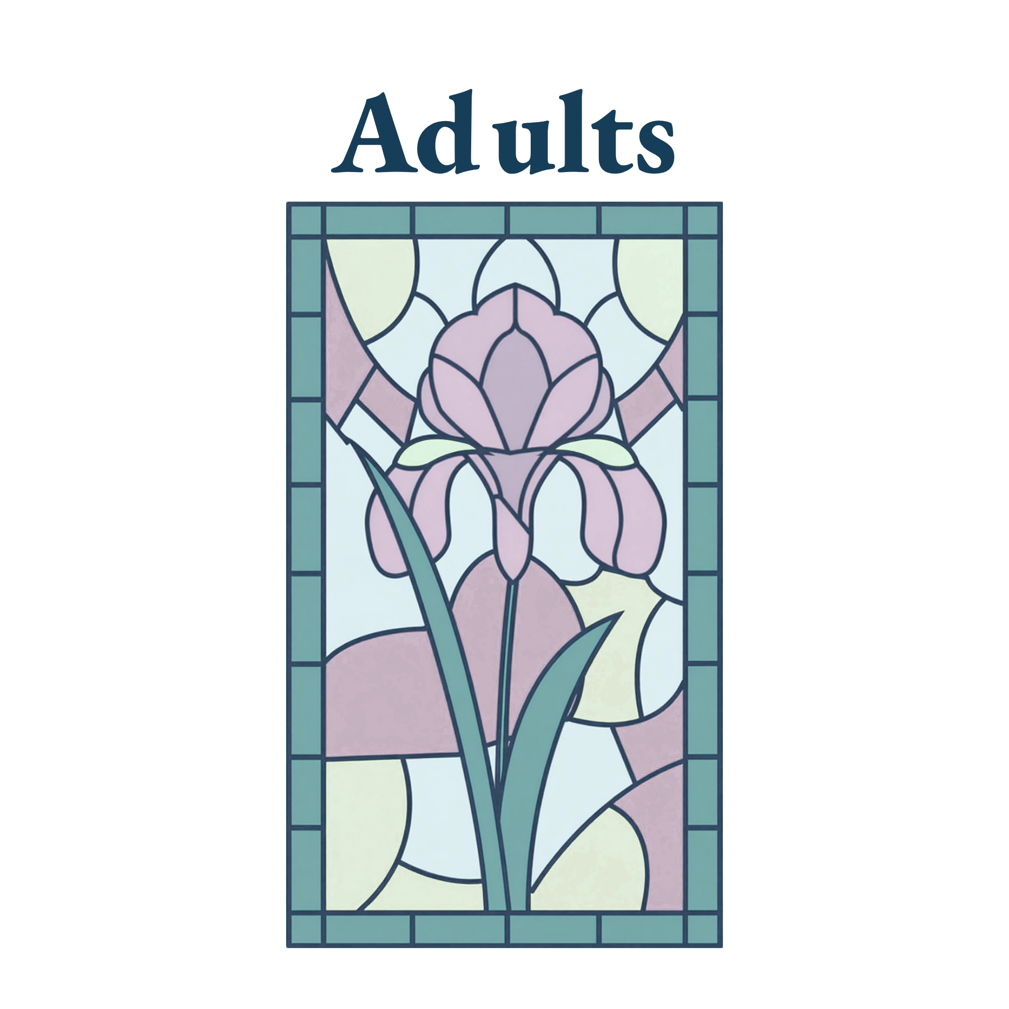 A stained glass window design featuring a large pink and purple flower with green leaves set within a square grid.