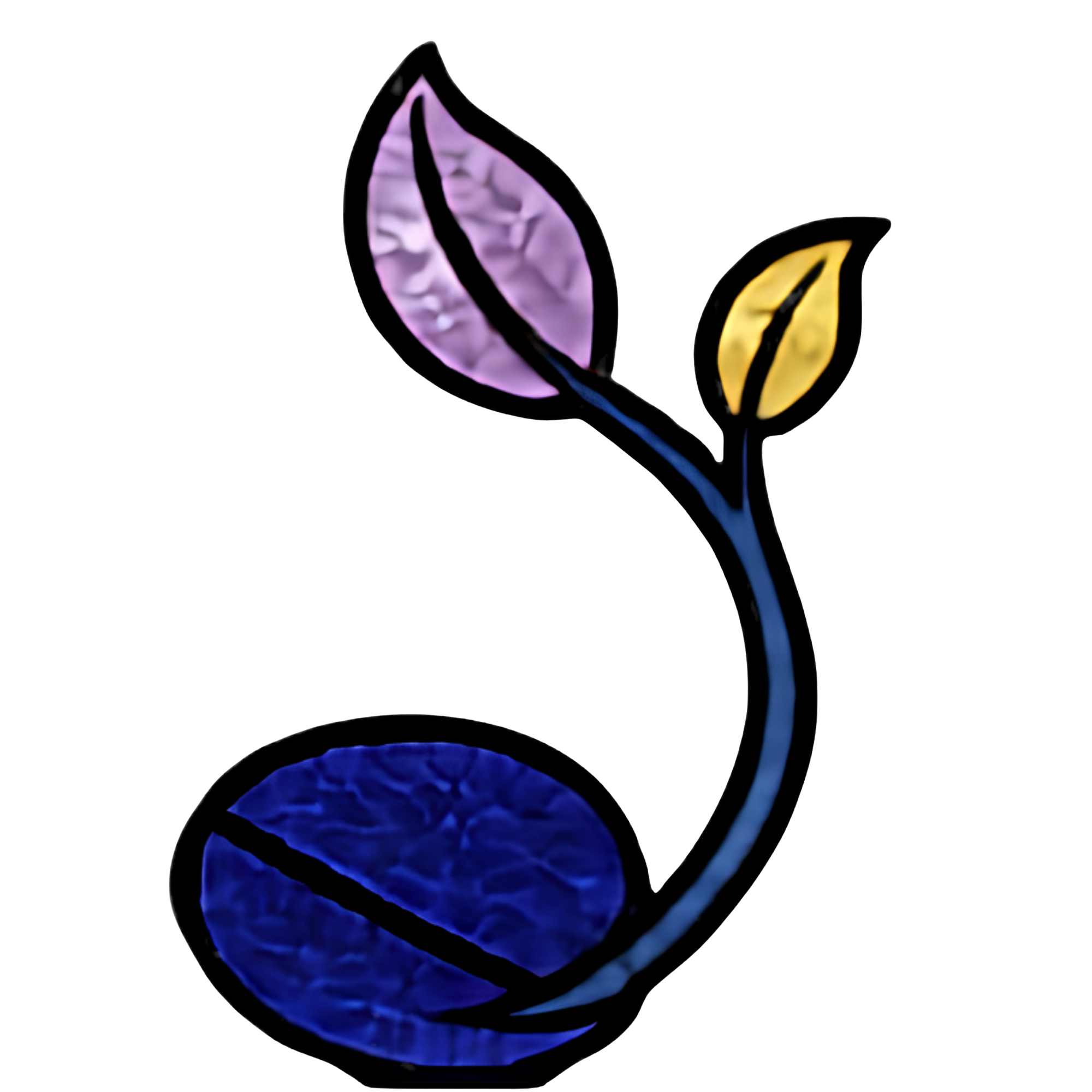 Illuminated glass art piece resembling a flower with purple and yellow petals and a textured blue center, set against a black background.