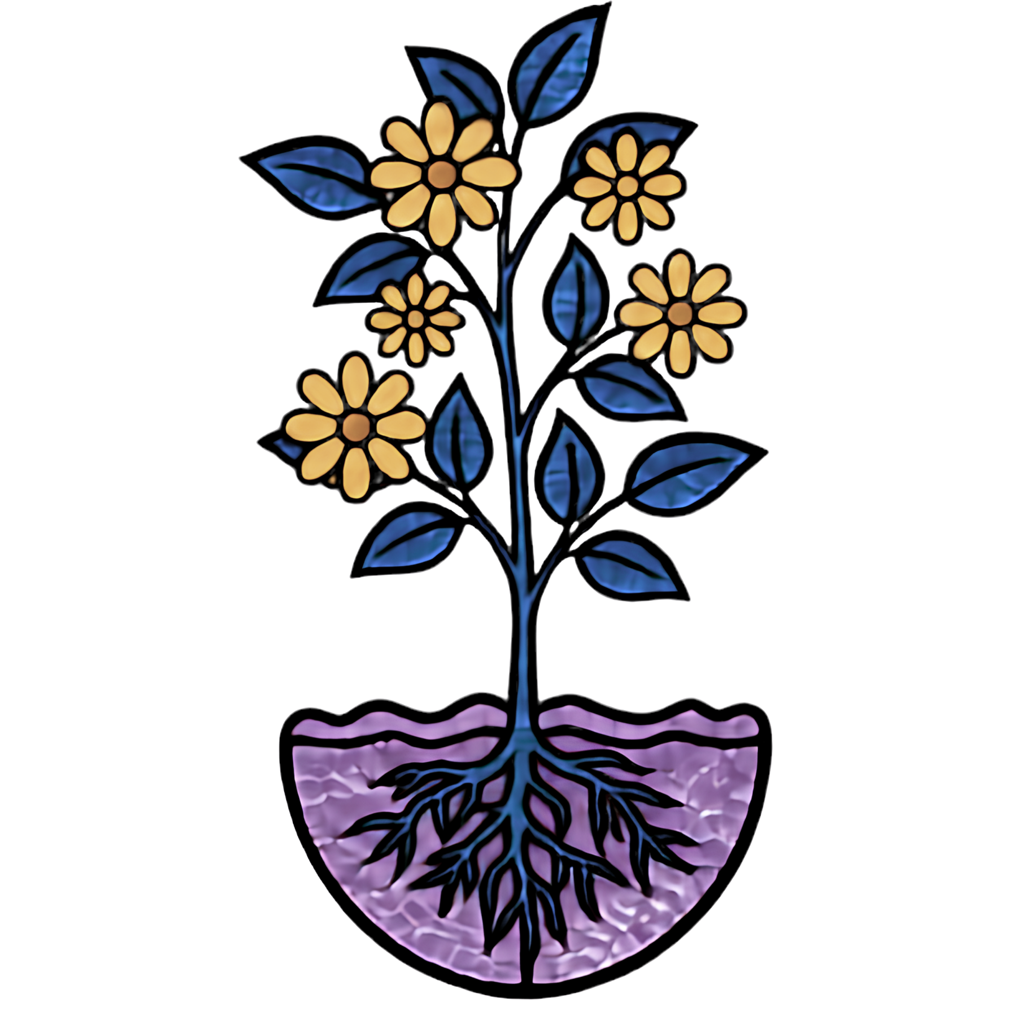 Digital artwork depicting a stylized flower with several yellow petals and black outlines, surrounded by blue and purple leaves, arranged vertically against a black background with a purple gradient on the right side.