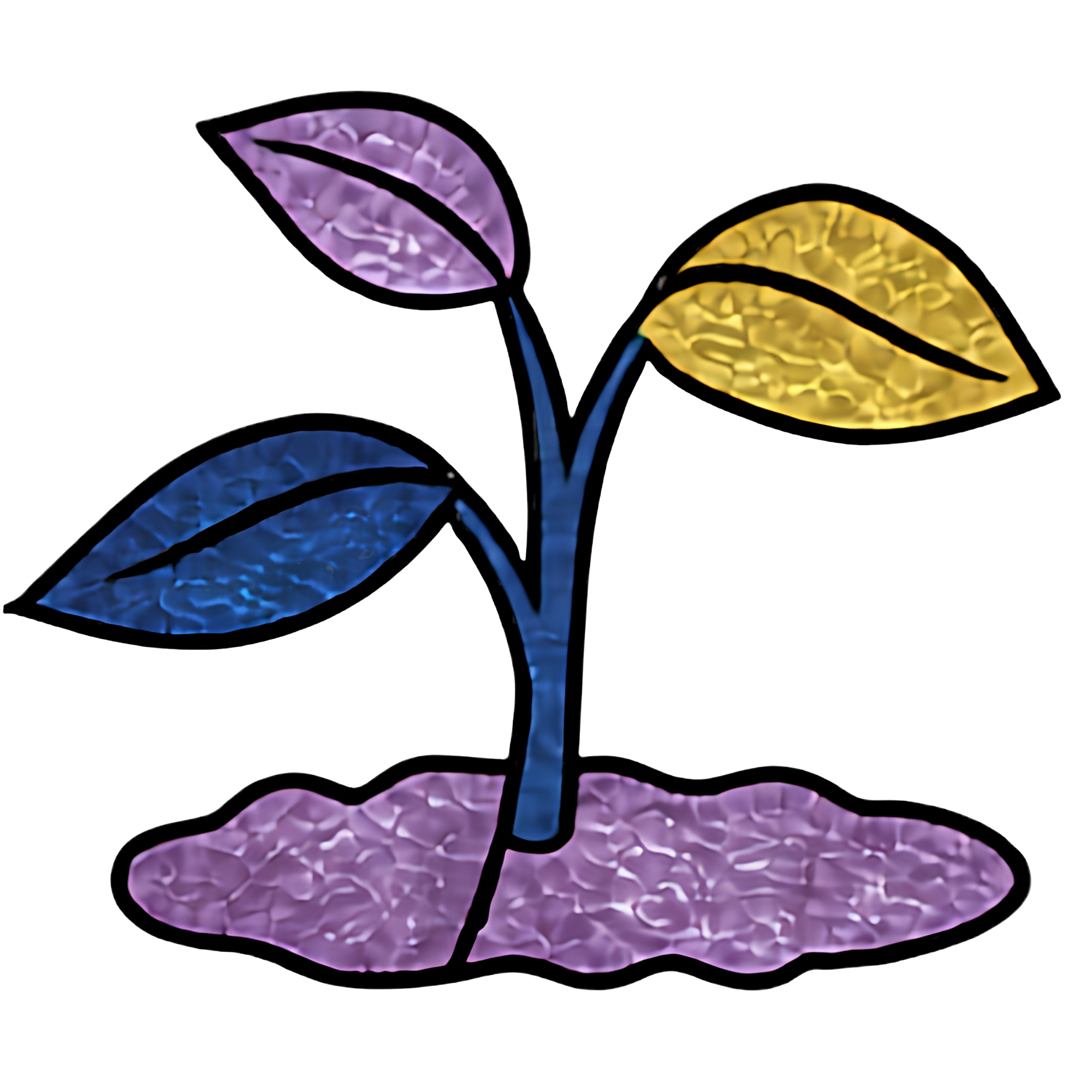 Colorful stained glass representation of a flower with purple, yellow, and blue petals on a black background.