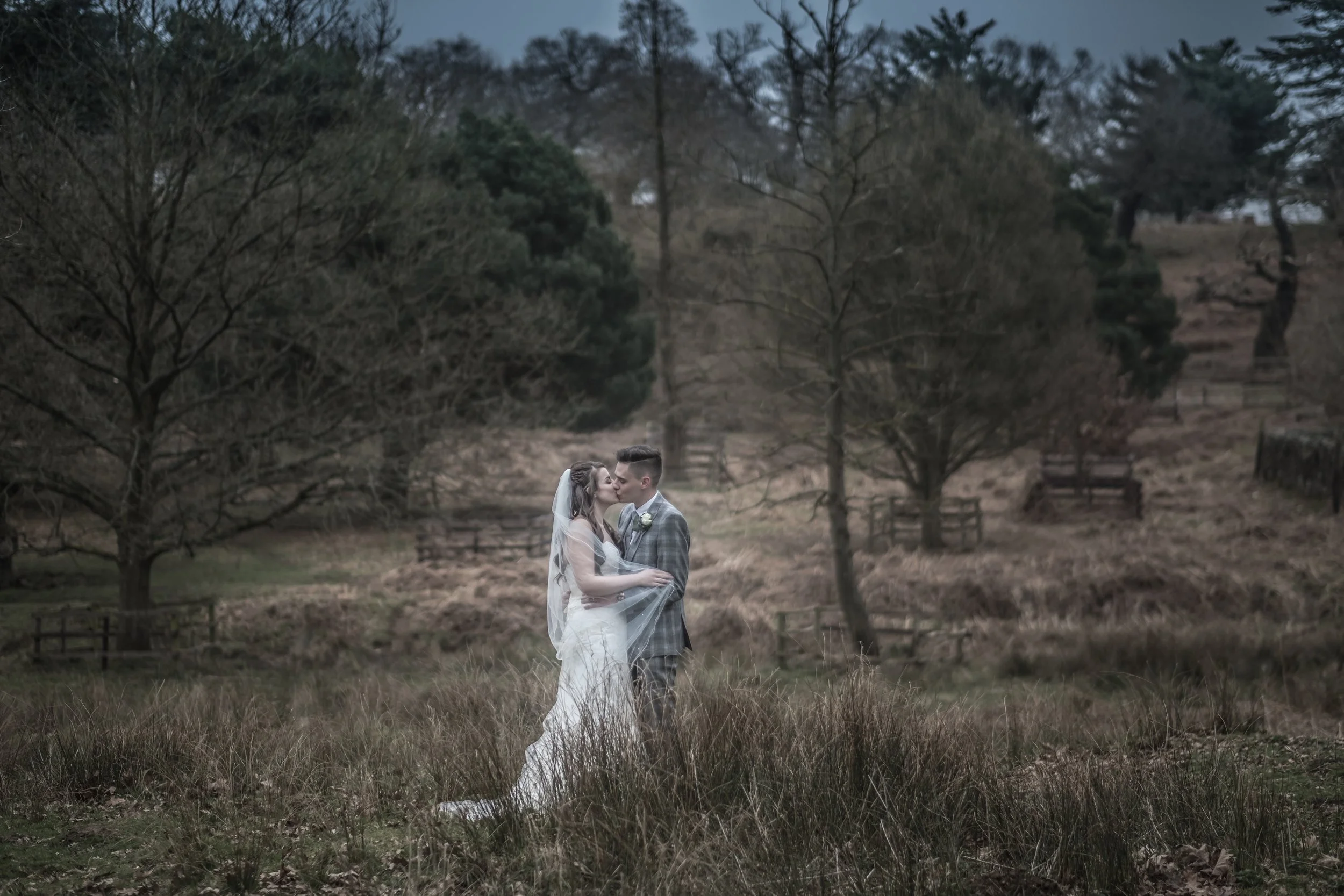 A bride and groom in wedding attire sharing a kiss in an outdoor rural setting with tall grass and leafless trees.