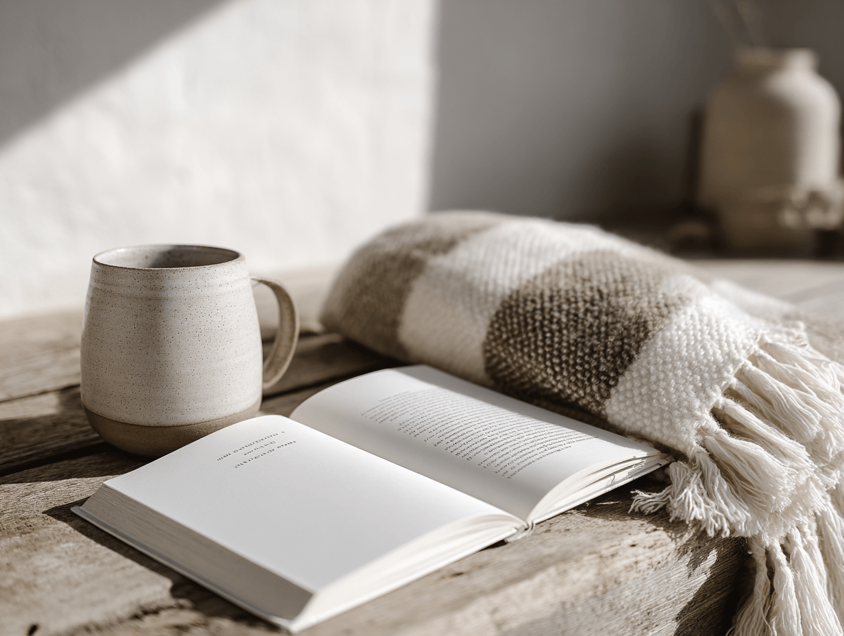 A cozy scene with an open book, a ceramic mug, a woven blanket with a beige and white pattern, and a ceramic vase in the background on a rustic wooden surface, illuminated by natural light.