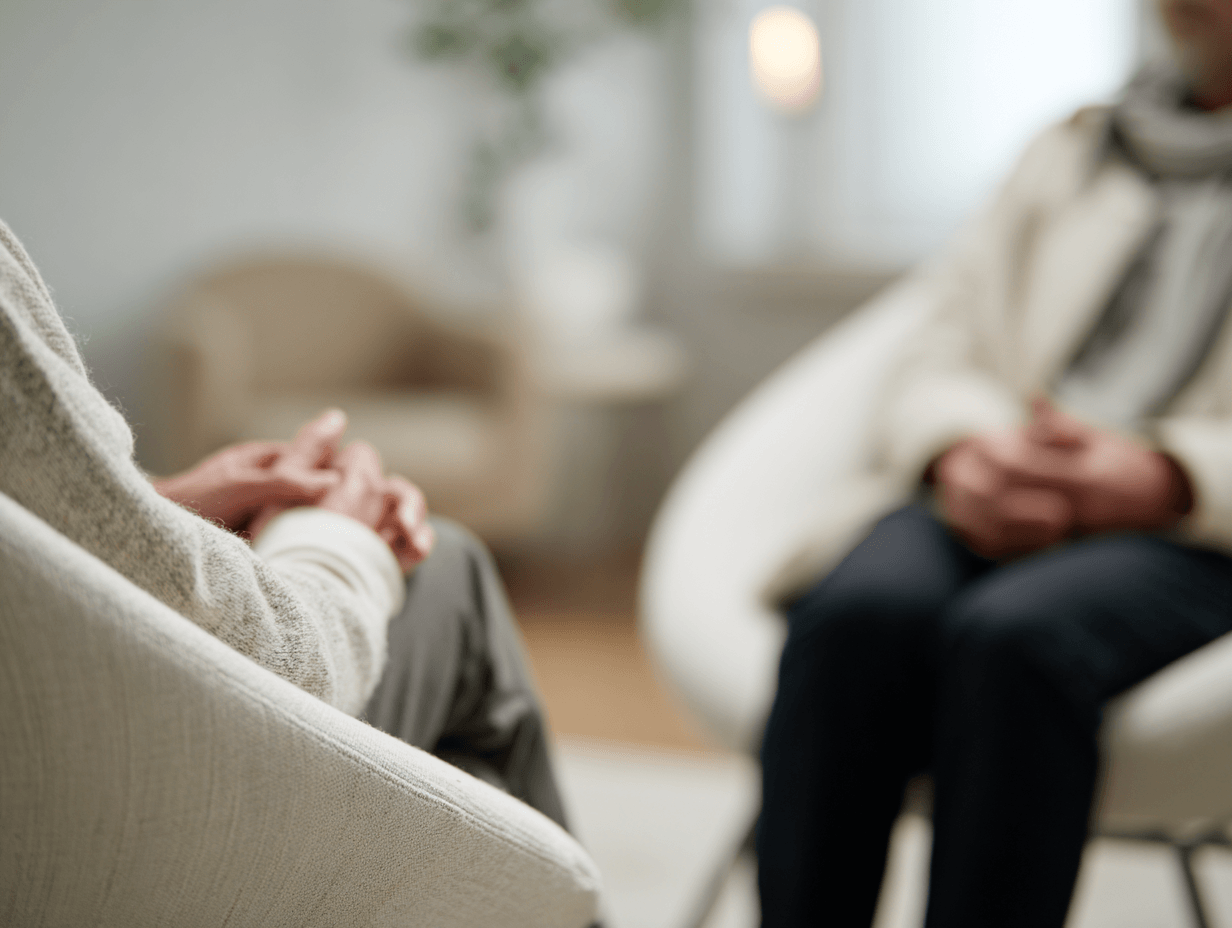 Two people sitting in a therapy or counseling session, with blurred background, both with hands clasped in their laps.