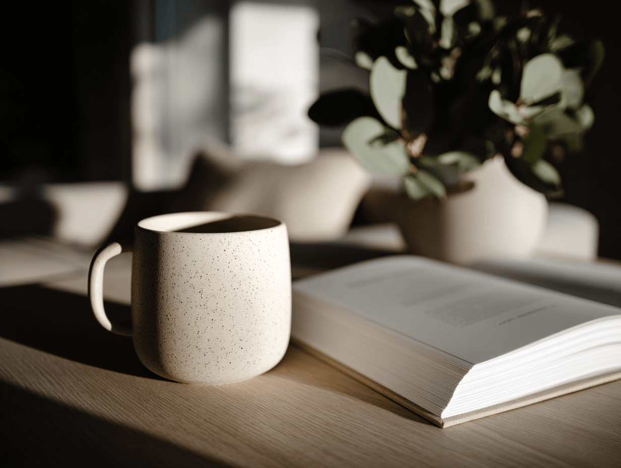 A ceramic mug with a speckled design on a wooden table, next to an open book and a white vase with green leaves, bathed in natural sunlight.