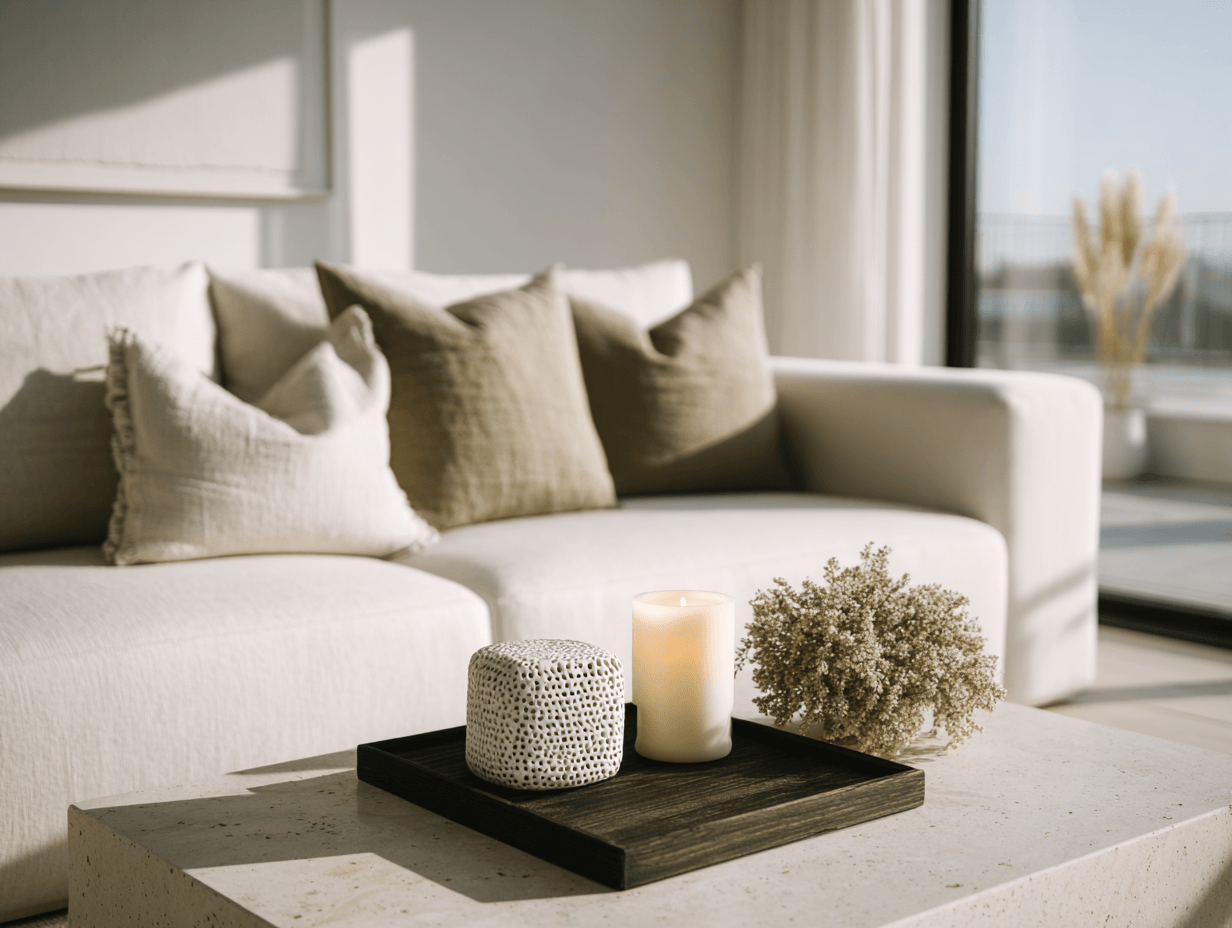 Living room with beige sofa, brown pillows, candle, decorative object, and flower arrangement on coffee table, sunlight through window.