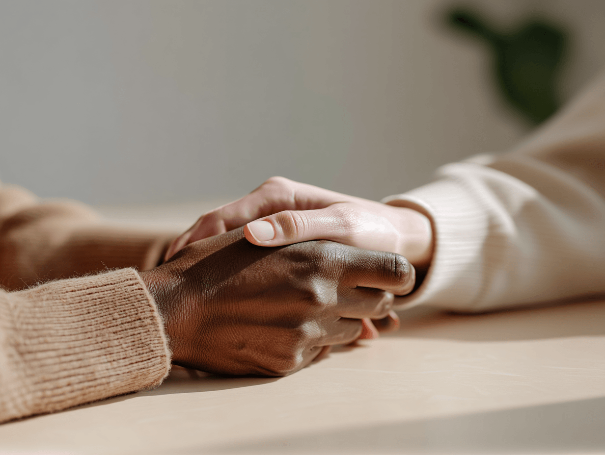 Two people holding hands on a table, one with dark skin wearing a beige sweater and the other with light skin wearing a white sweater, in a gesture of support or connection.