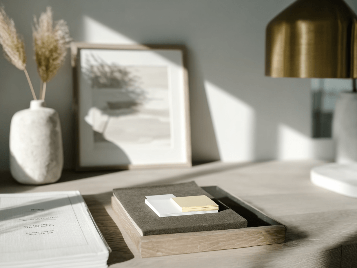 A desk with a stone vase containing dried flowers, a framed artwork, a table with swatches, a large book, and a modern gold lamp, illuminated by sunlight.