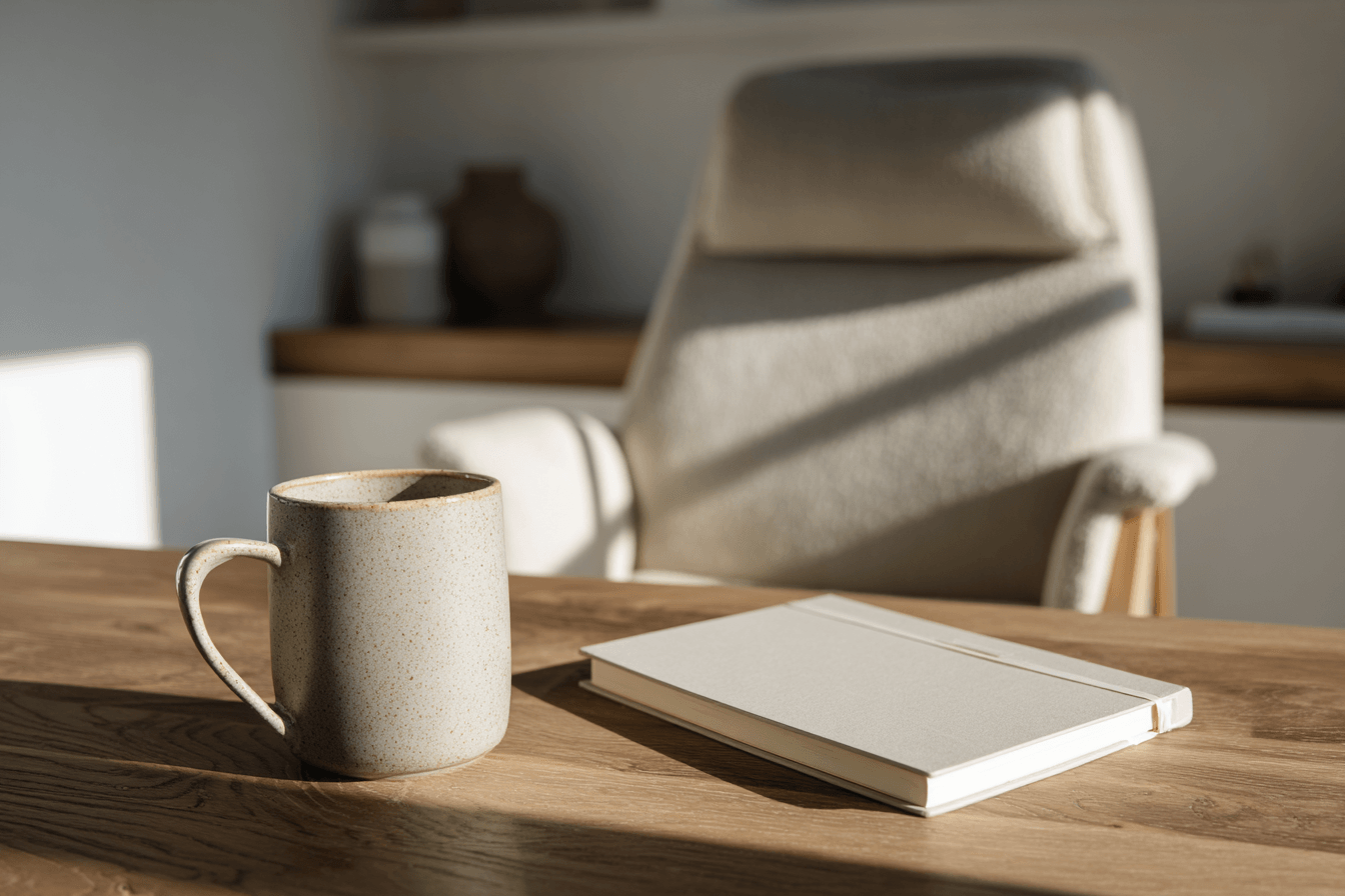 A beige ceramic mug and a closed notebook on a wooden table, with a cushioned armchair in the background.