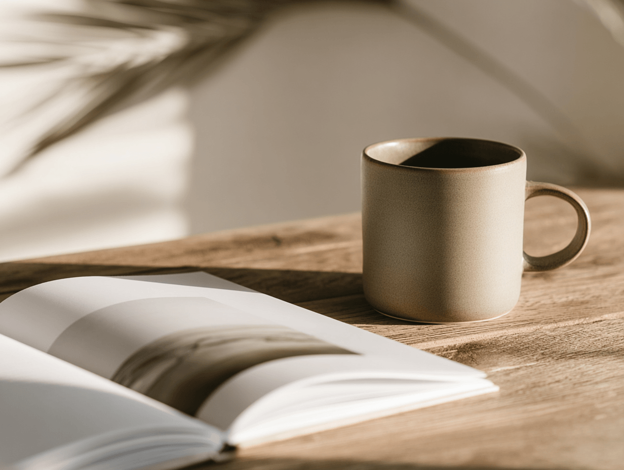 A beige ceramic mug filled with coffee on a wooden table next to an open magazine, with soft natural light and shadows.