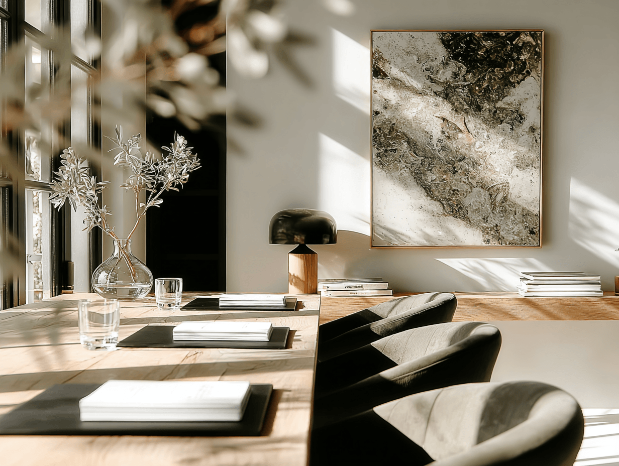 A modern dining area featuring a wooden table with closed notebooks and glasses, a glass vase with a leafy branch, contemporary table lamp, abstract wall art, and armchairs, illuminated by natural sunlight.