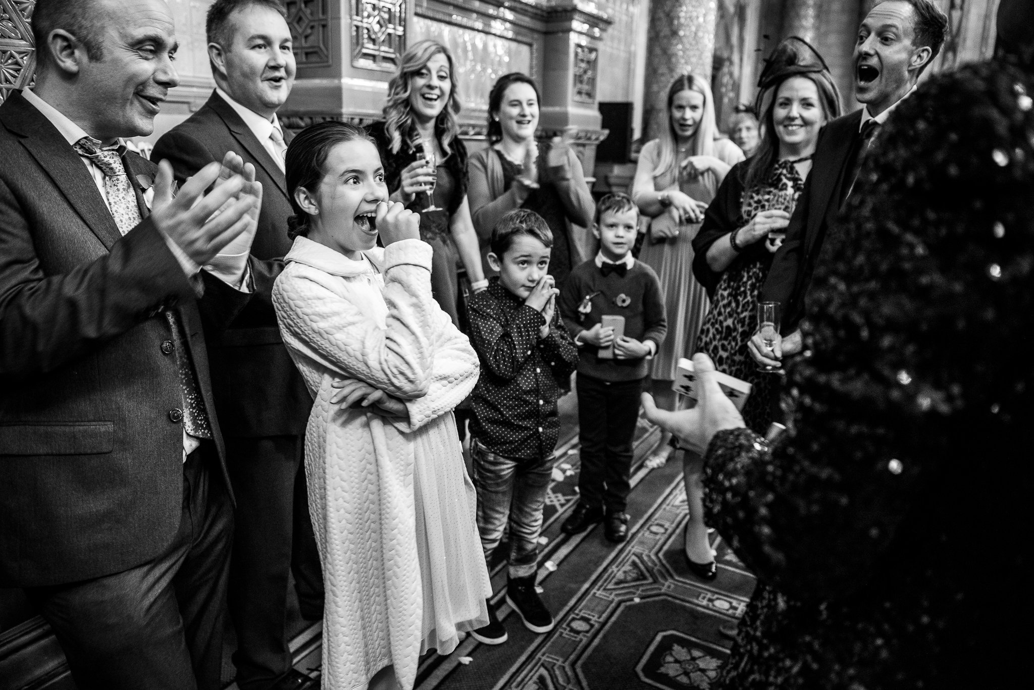  Wedding guest reacts to the magician at One Whitehall Place London 