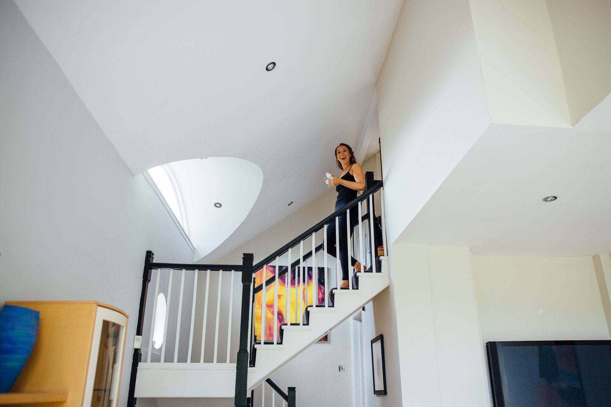 The bride descends a set of stairs 