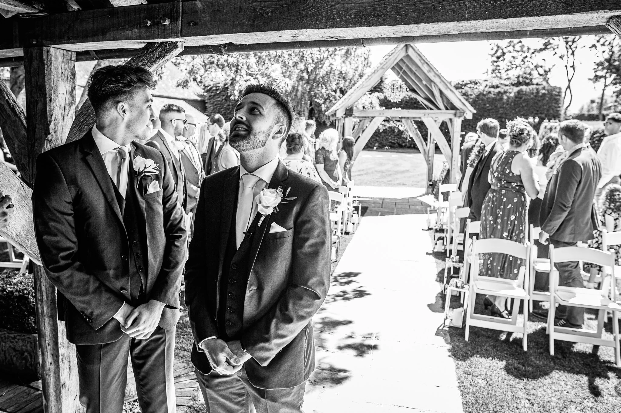  Groom looking nervous as he waits for the Bride at Winters Barns Wedding Venue Kent 