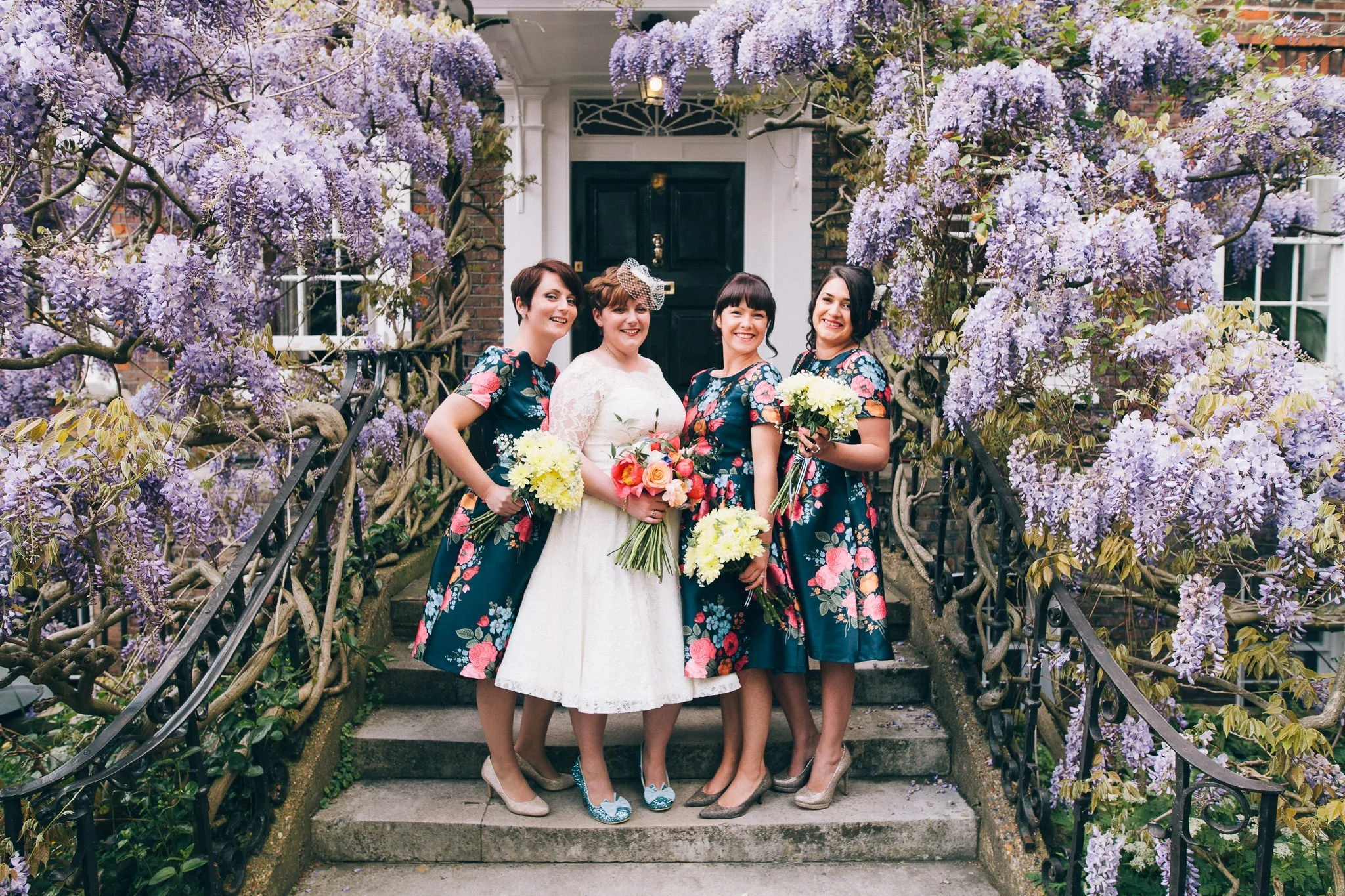  Bride and her bridesmaids outside Burgh House Hampstead  