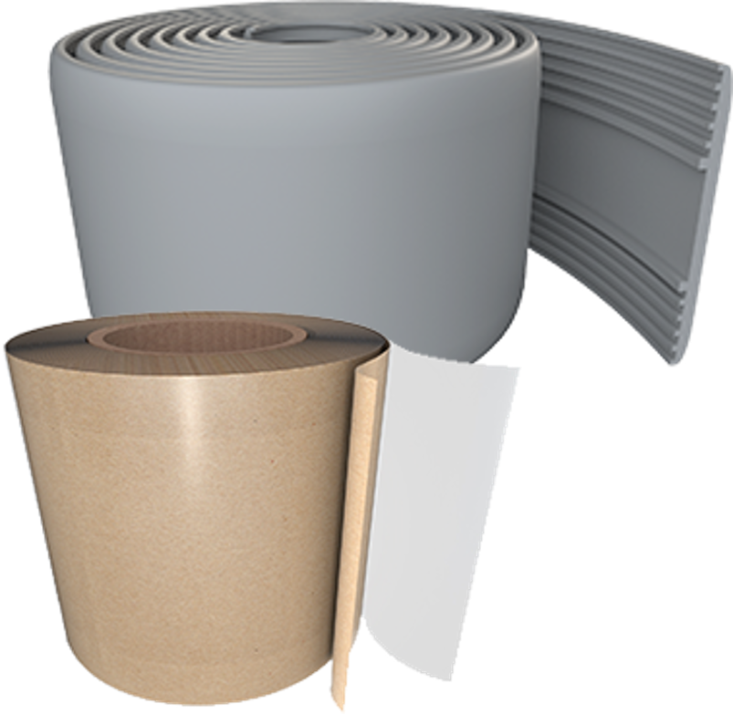 Two rolls of insulation material, one gray foam and one brown kraft paper faced fiberglass.