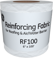 Close-up of a roll of reinforcing fabric for roofing and air/water barriers labeled RF100, 6 inches by 100 feet.