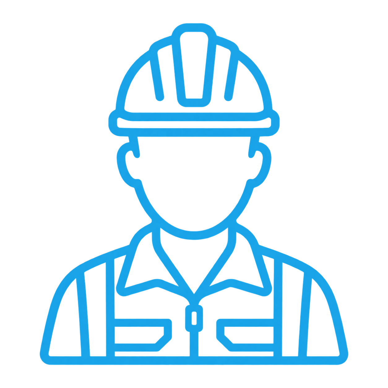 Neon outline of a construction worker wearing a hard hat and a collared shirt.