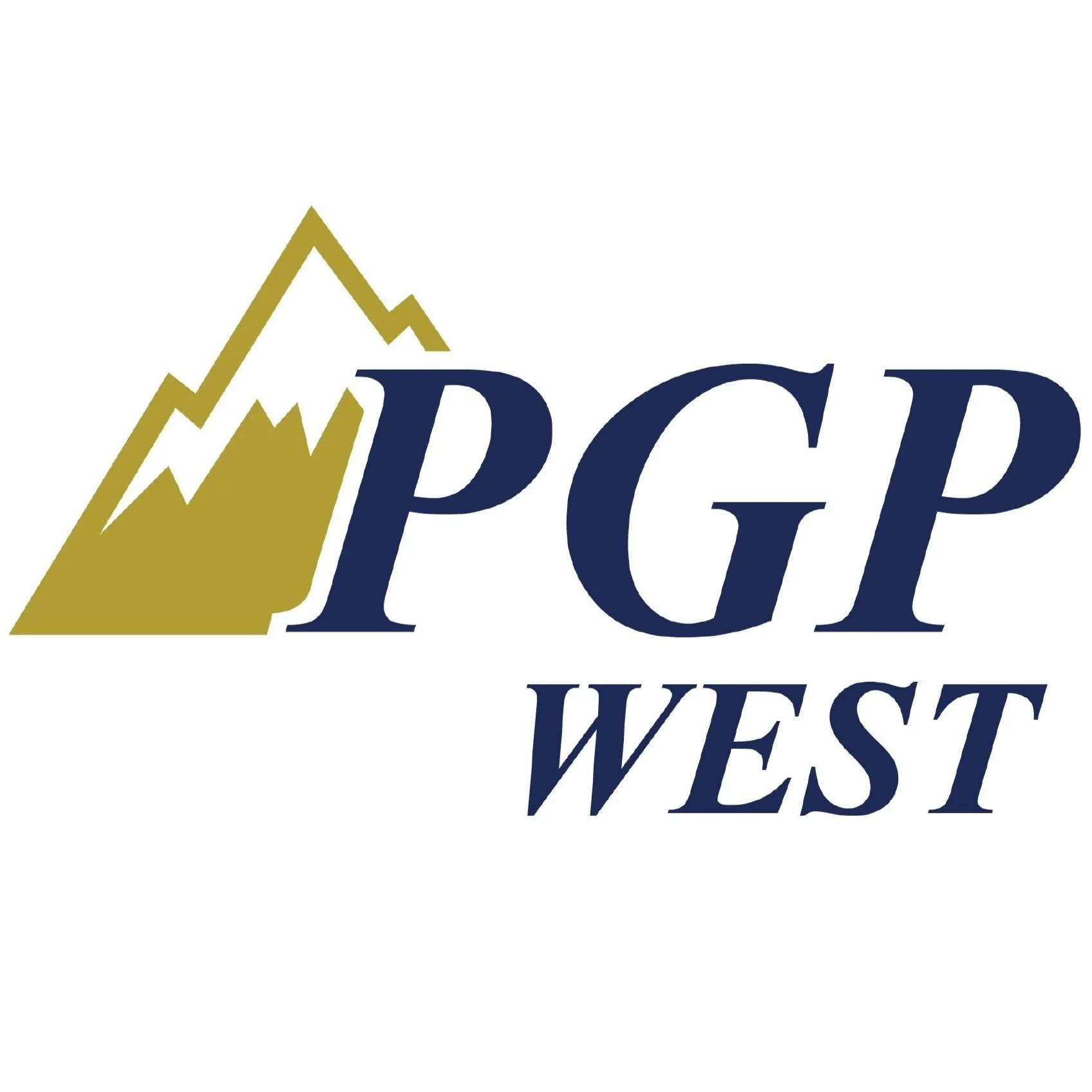Logo with gold mountain peaks and dark blue text reading 'PDG WEST'.