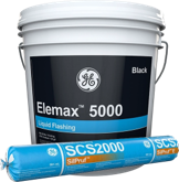 A bucket of GE Elemax 5000 liquid flashing and a tube of SCS2000 construction sealant.