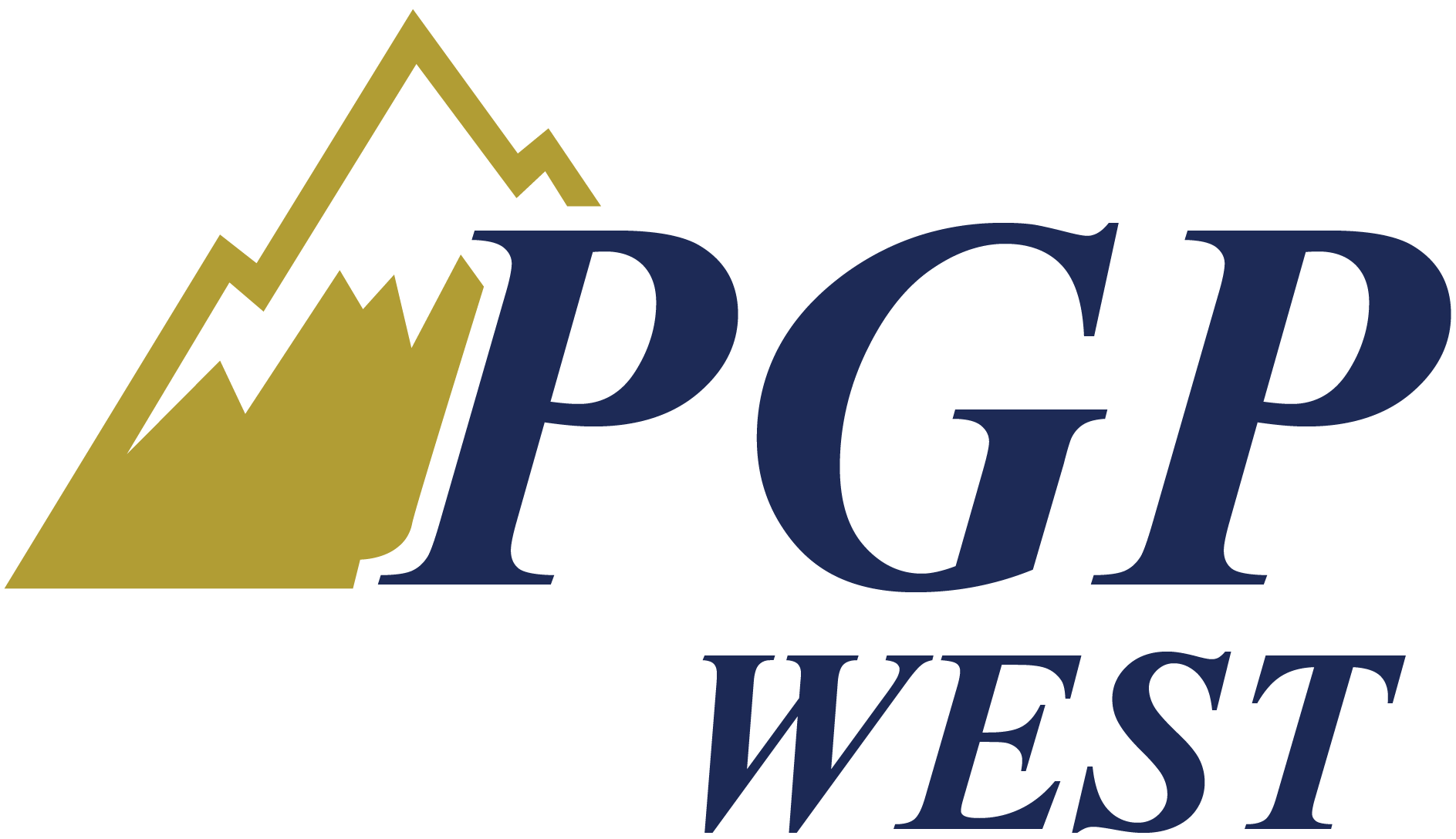 Logo for PGBP West, featuring a stylized mountain with a lightning bolt and text in dark blue.