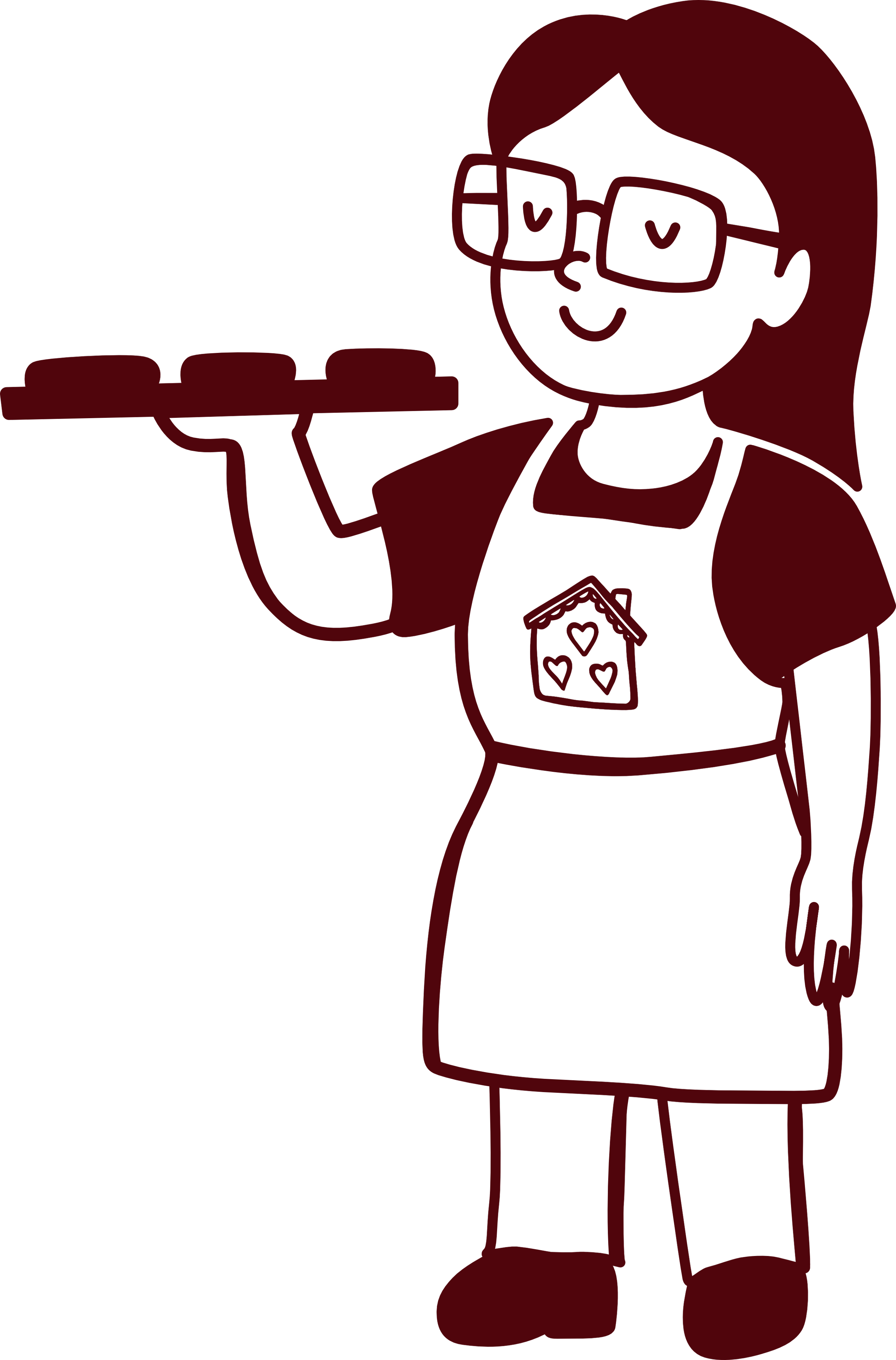 Illustration d'une femme souriante portant des lunettes, tenant un plateau avec des pâtisseries, portant un tablier avec un dessin de maison et des cœurs.