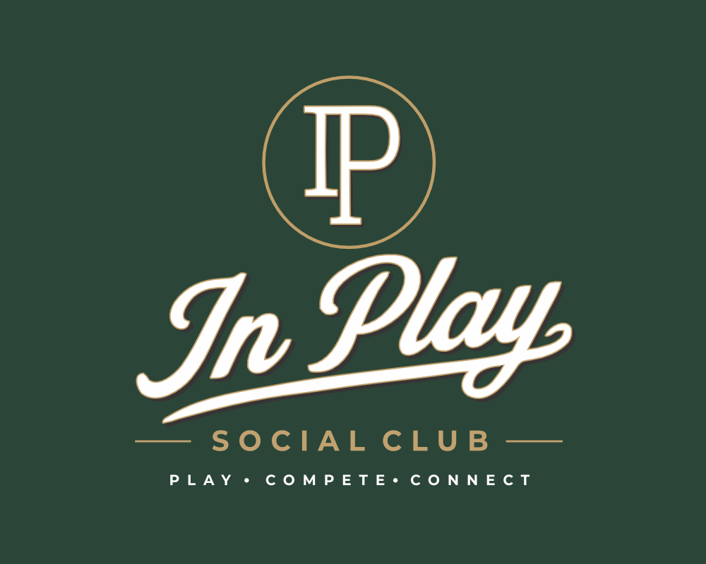 Logo for In Play Social Club with a dark green background, white and tan text, and an emblem with the initials 'IP'.