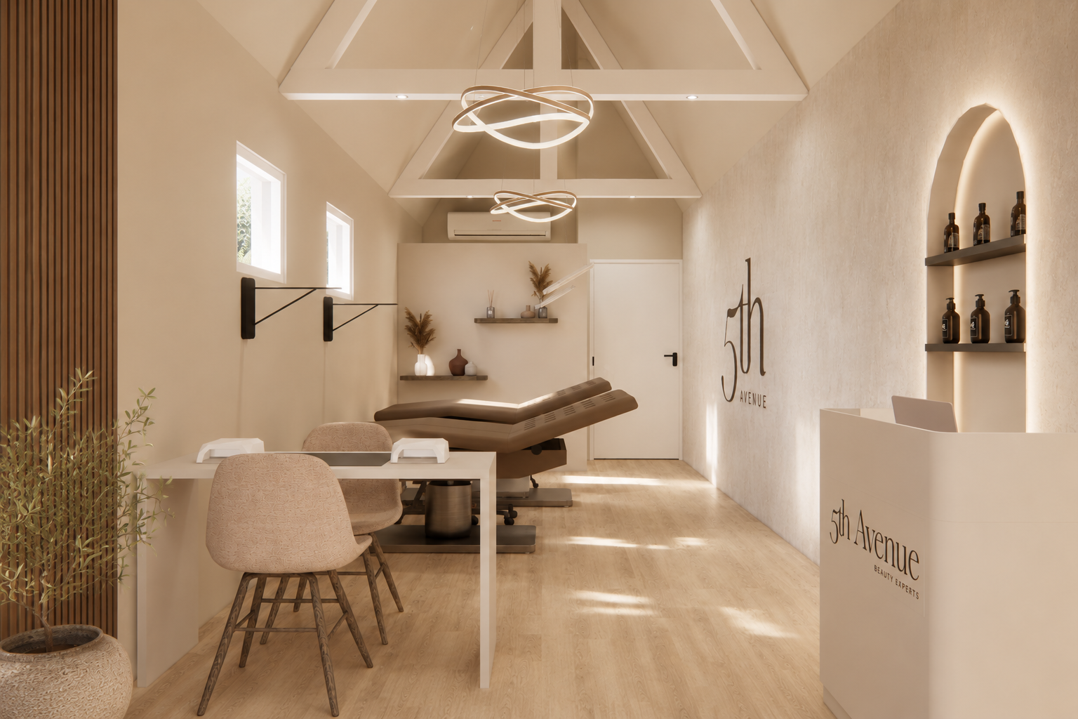 3D visualisatie van een modern en verfijnd interieur voor een beautysalon