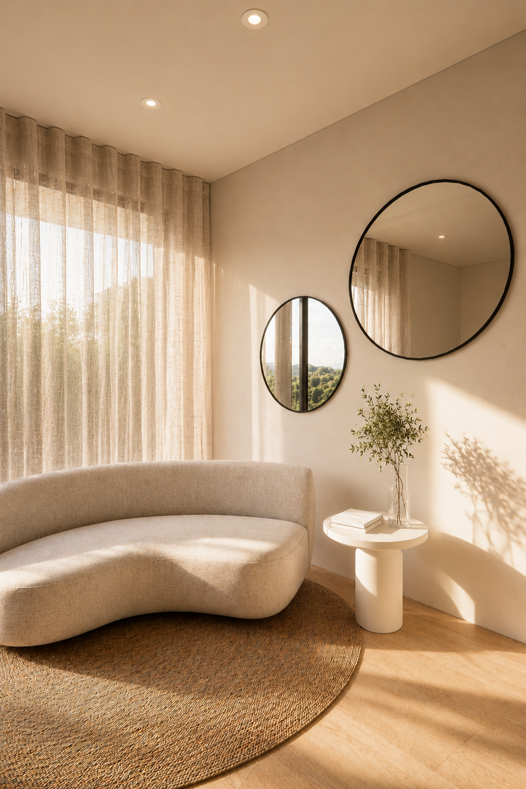 3D visualisatie van een lichte, moderne woonkamer met beige tinten en houten details
