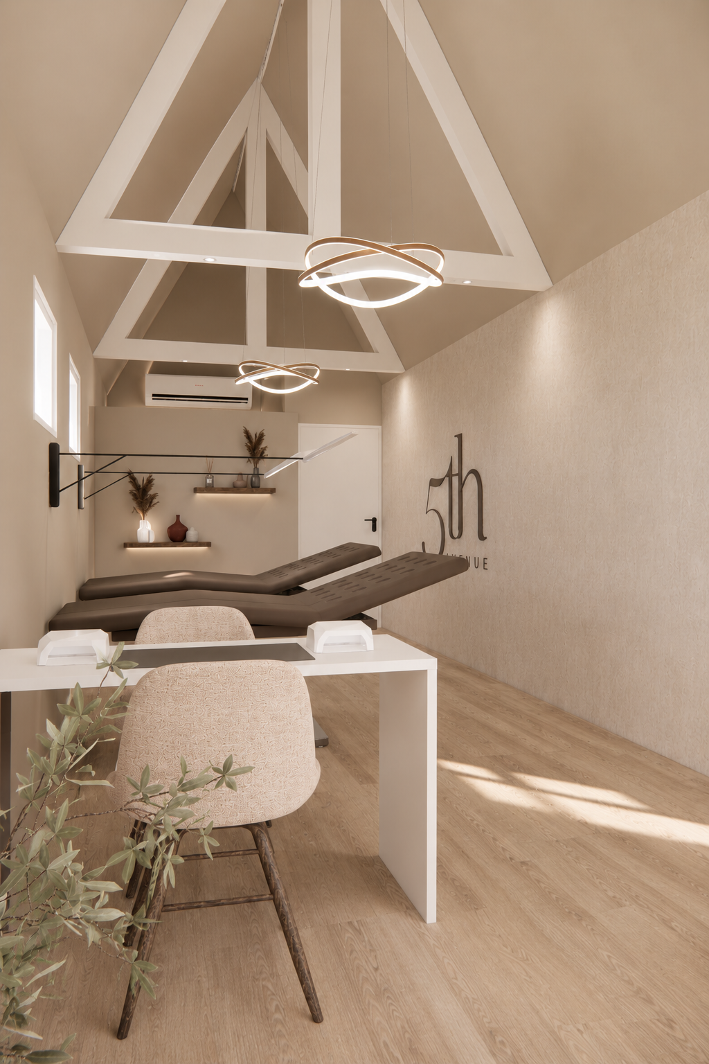 3D visualisatie van een stijlvolle beautysalon met warme tinten en moderne verlichting