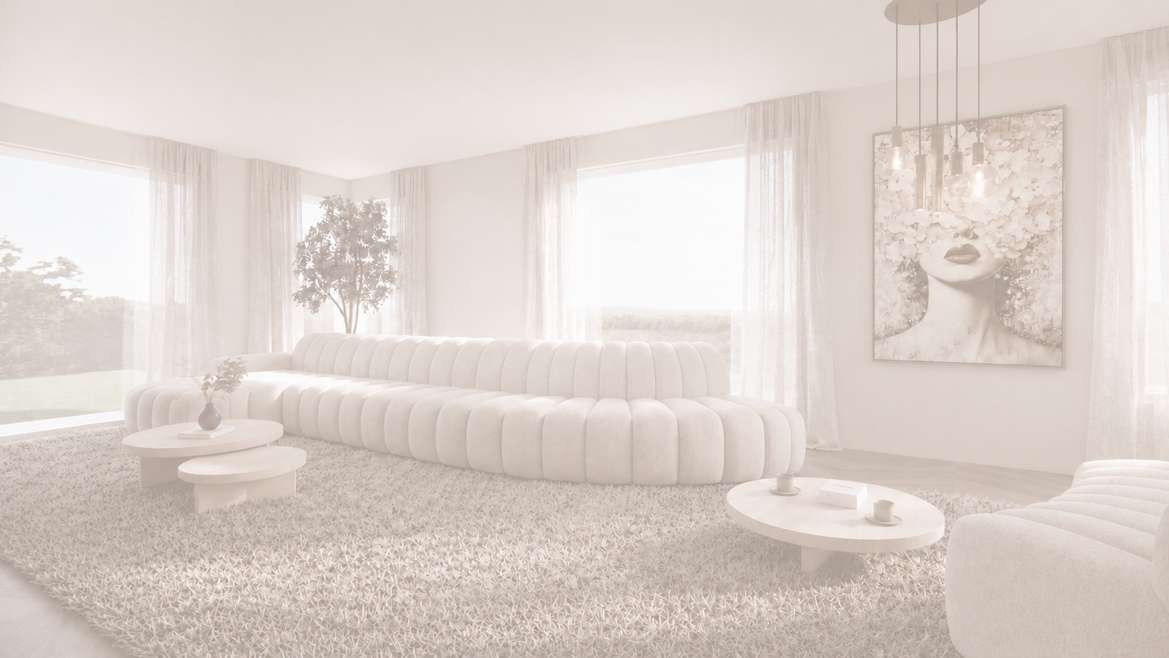 3D visualisatie van een lichte woonkamer met zachte, neutrale tinten