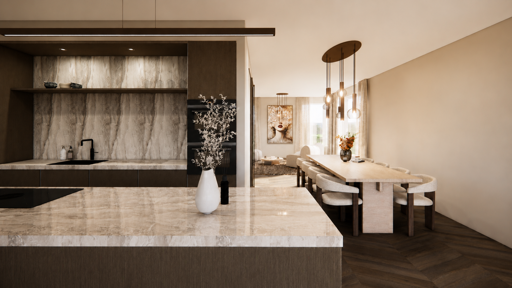 3D visualisatie van een moderne keuken met marmer, donker hout en warme verlichting